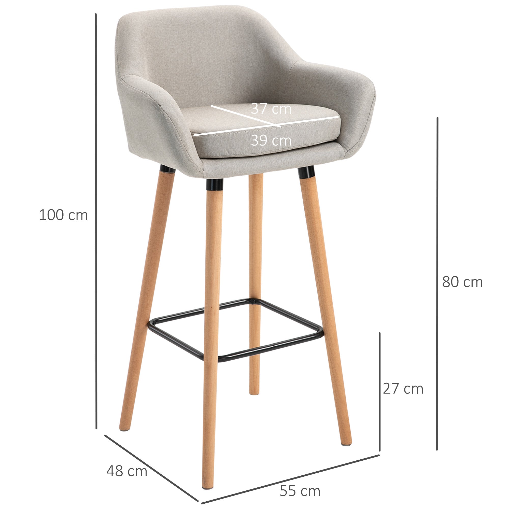 HOMCOM Set of 2 Bar Stools Modern Upholstered Seat Bar Chairs w/ Metal Frame, Solid Wood Legs Living Room Dining Room Fabric Furniture - Beige - North Peak Garden Furniture