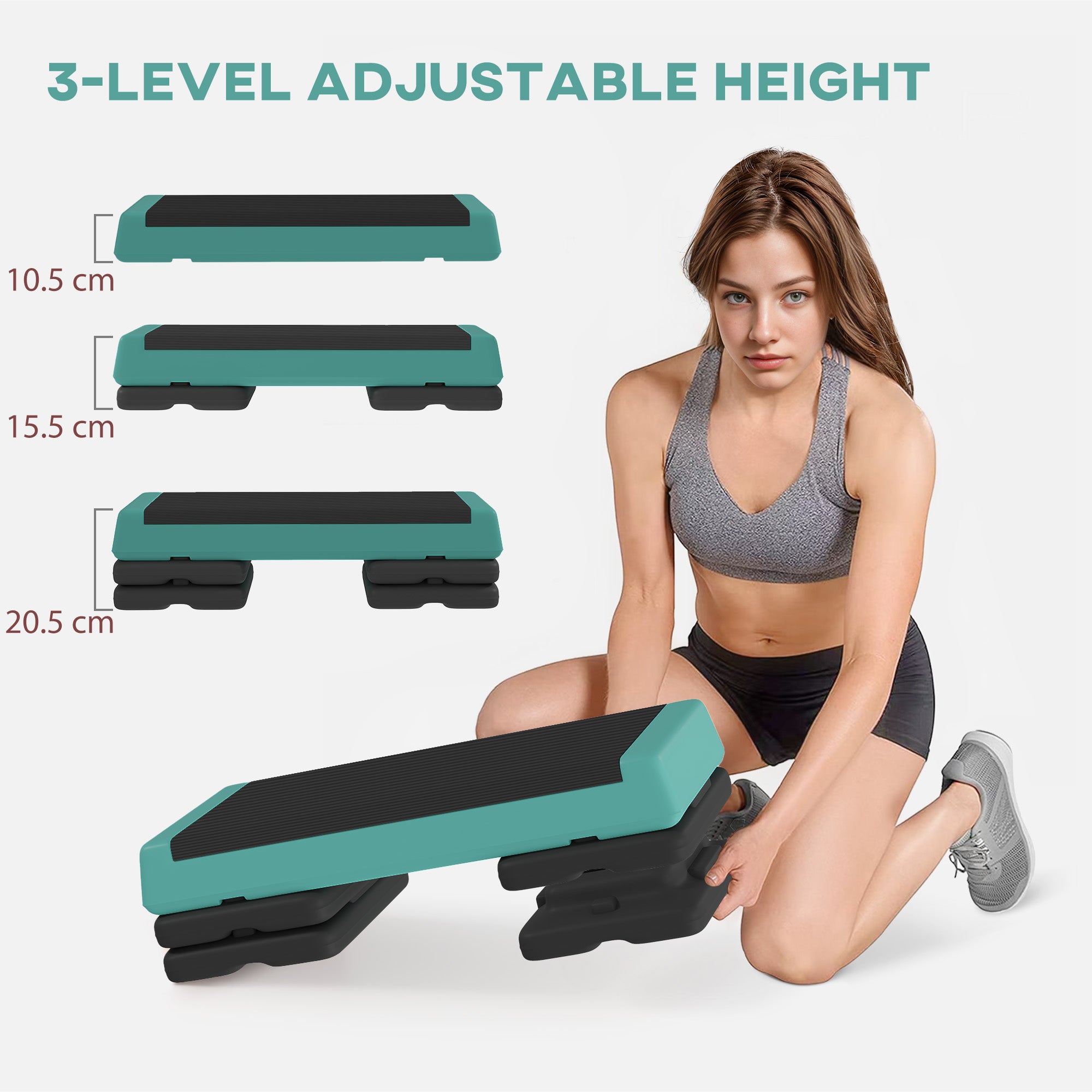 SPORTNOW Fitness Stepper, 3-Height Adjustable Aerobic Step, Non-Slip Exercise Step Board for Home Gym Office Workout, 10.5cm, 15.5cm, 20.5cm, Green - North Peak Garden Furniture