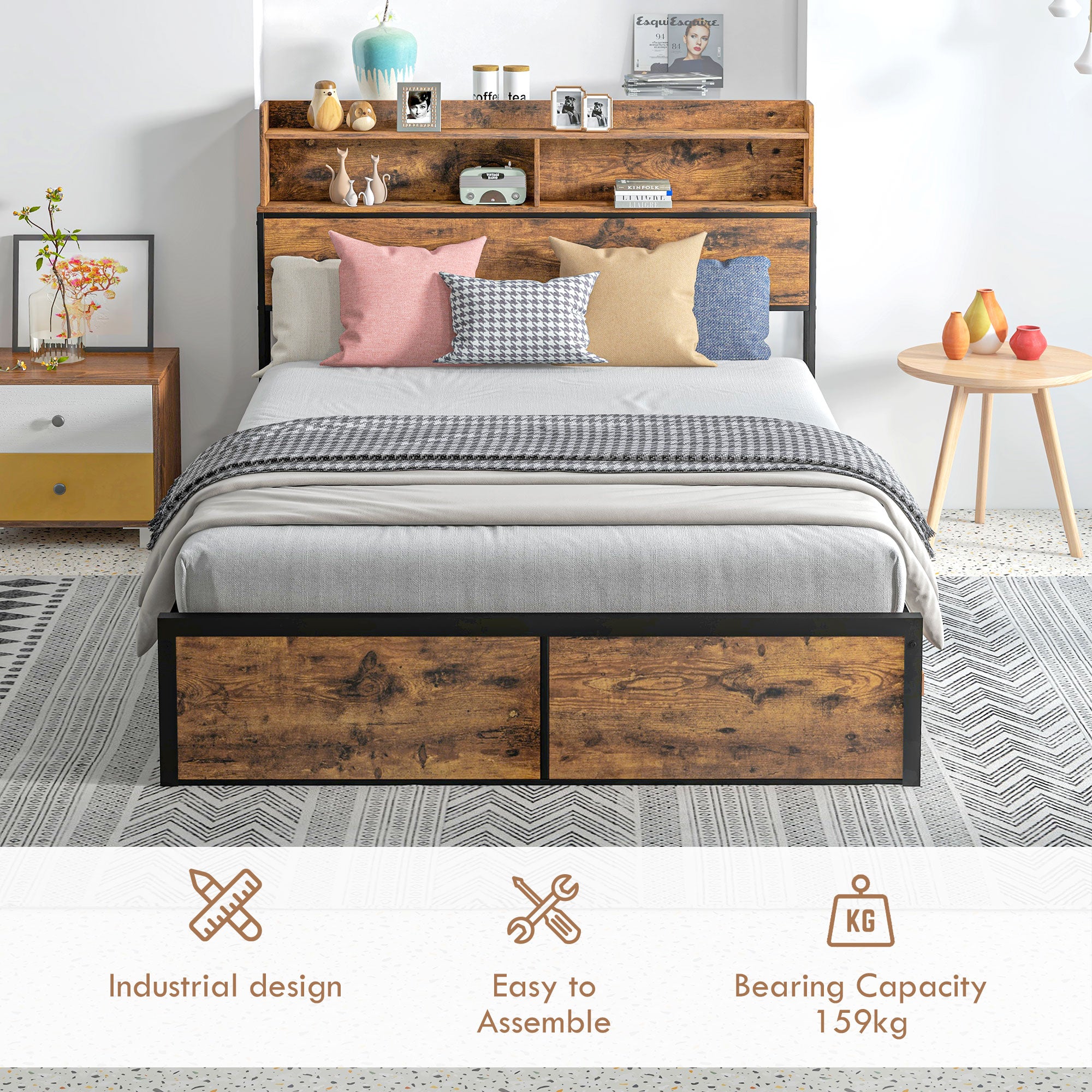 HOMCOM Industrial Double Bed Frame, 4.8FT Steel Bed Base with Storage Headboard, Footboard, Slatted Support and Under Bed Storage, 145 x 209cm, Rustic Brown - North Peak Garden Furniture