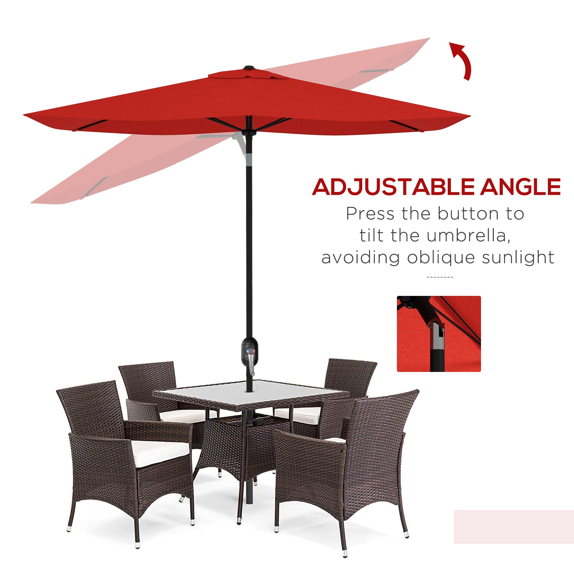 Outsunny 2 x 3(m) Garden Parasol Umbrella, Rectangular Outdoor Market Umbrella Sun Shade with Crank & Push Button Tilt, 6 Ribs, Aluminium Pole, Wine Red - North Peak Garden Furniture