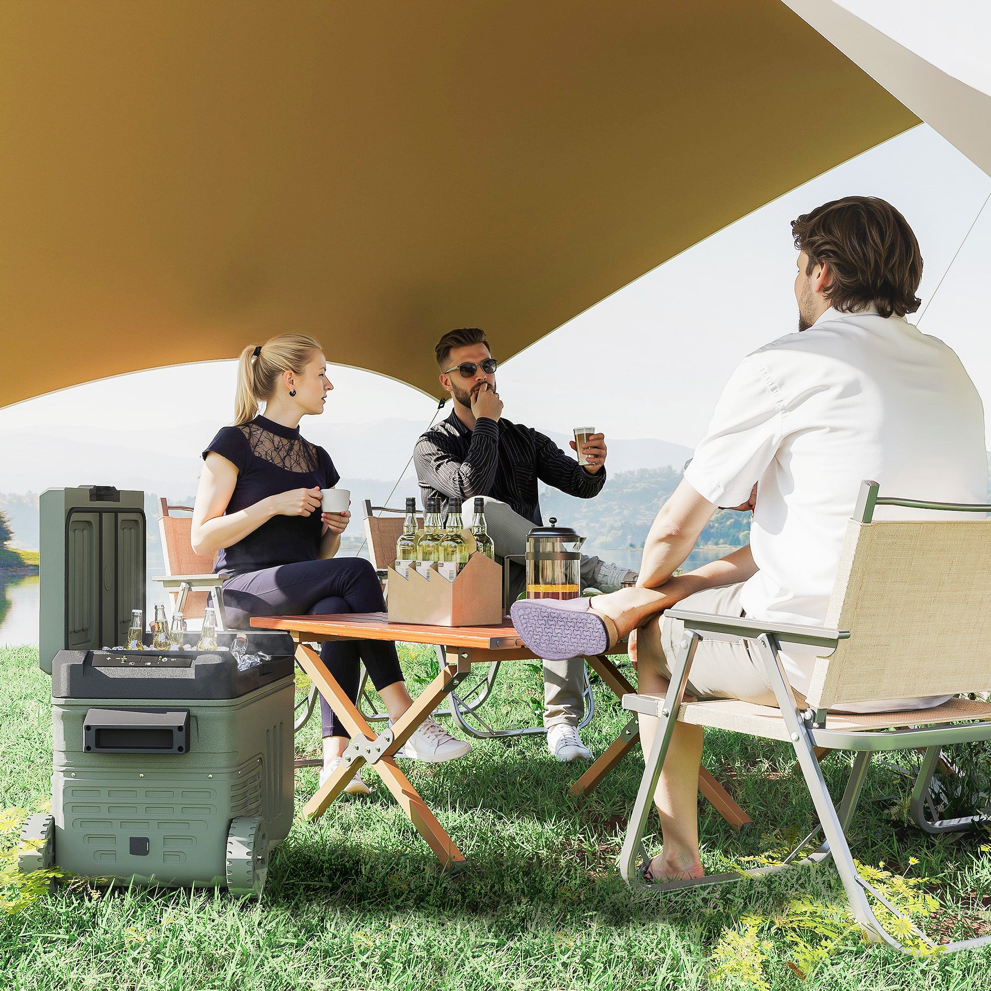 Outsunny 33L Camping Fridge Freezer Dual Zone, Portable Car Fridge 12V/24V DC & 100-240V AC, Electric Cool Box -20℃-20℃ with Wheels and LED Light, for Travel, RV, Road Trip, Picnic [Energy Class E] - North Peak Garden Furniture
