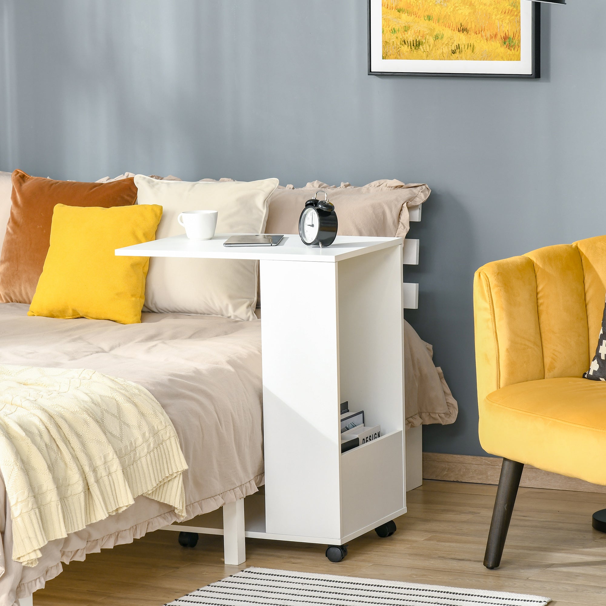 HOMCOM Mobile Sofa Side Table C-Shape End Table with Storage and Casters for Laptop Coffee Snack, White - North Peak Garden Furniture