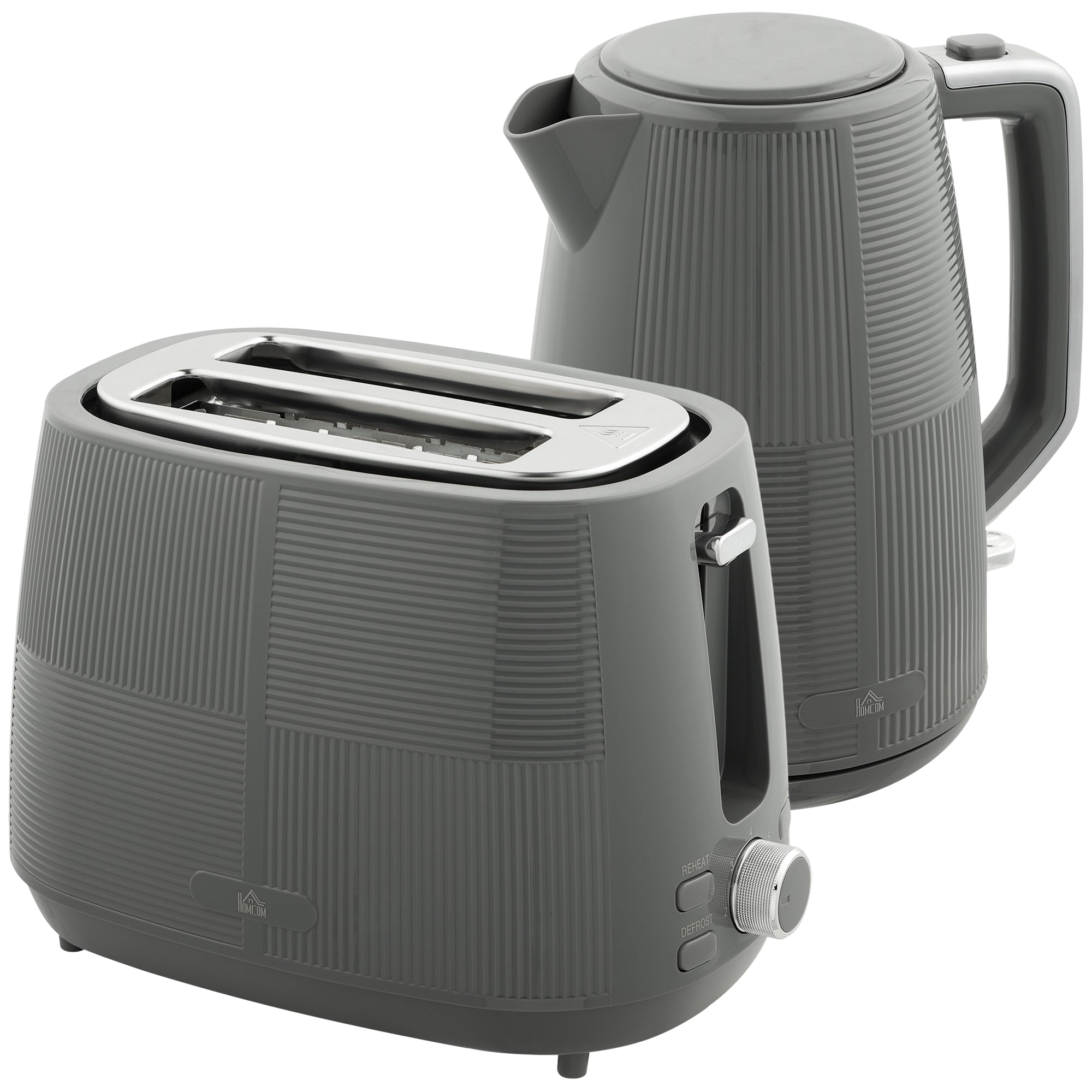 HOMCOM Kettle and Toaster Set, 1.7L 3000W Fast Boil Kettle & 2 Slice Toaster Kitchen Set with 7 Level Browning Controls, Defrost, Reheat, Boil-dry Protection, Grey - North Peak Garden Furniture