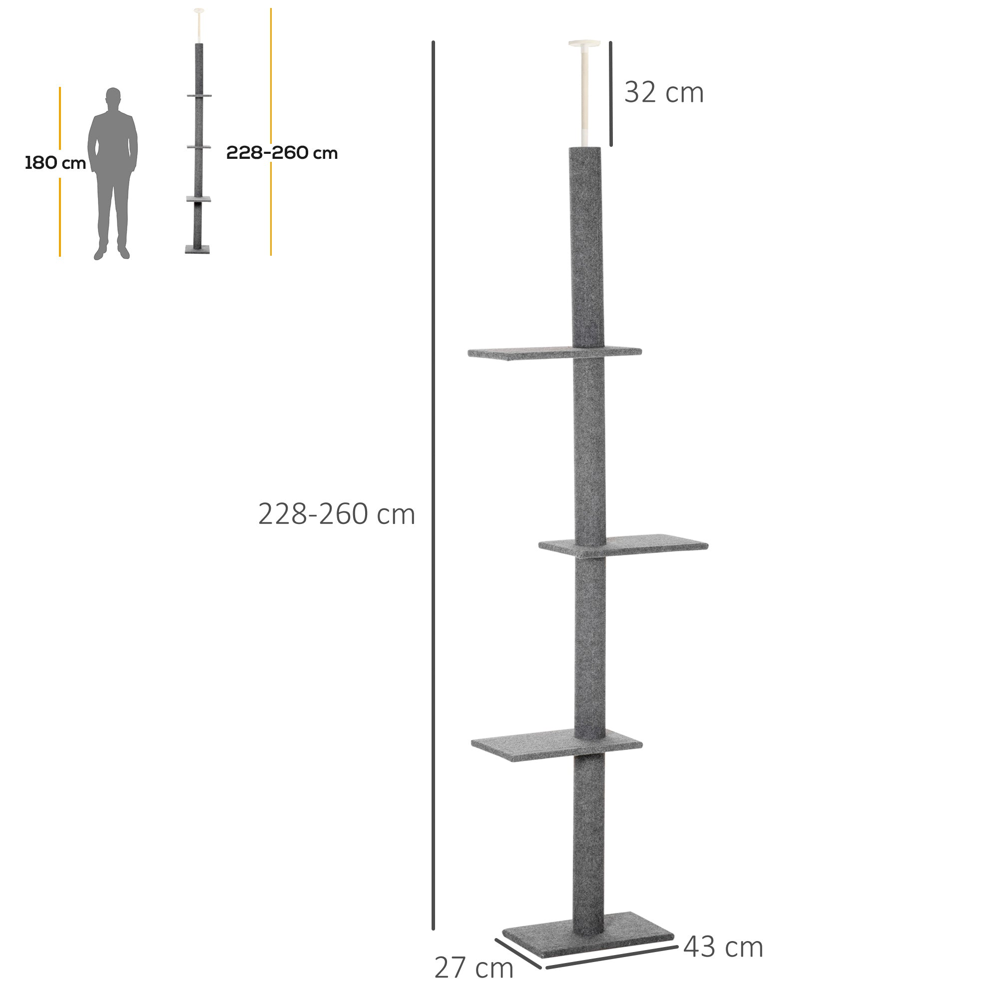 PawHut 260cm Floor To Ceiling Cat Tree for Indoor Cats w/ Three Platforms Activity Centre - Grey