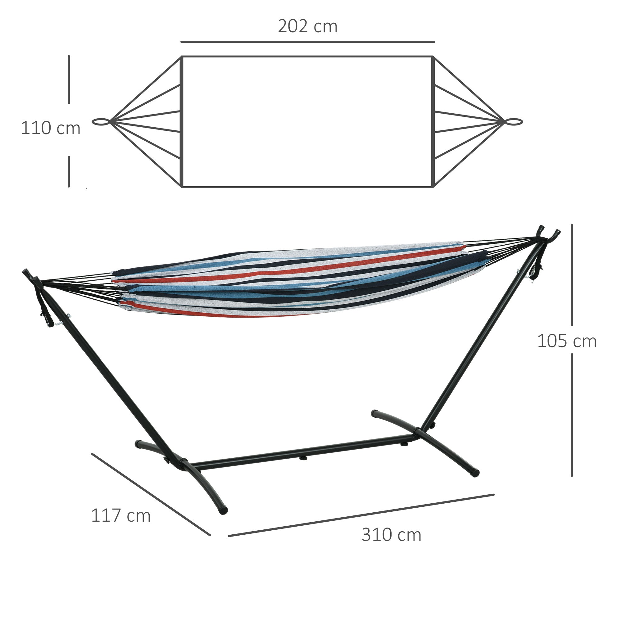 Outsunny 298 x 117cm Hammock with Stand Camping Hammock with Portable Carrying Bag, Adjustable Height, 120kg Load Capacity, White Stripe - North Peak Garden Furniture