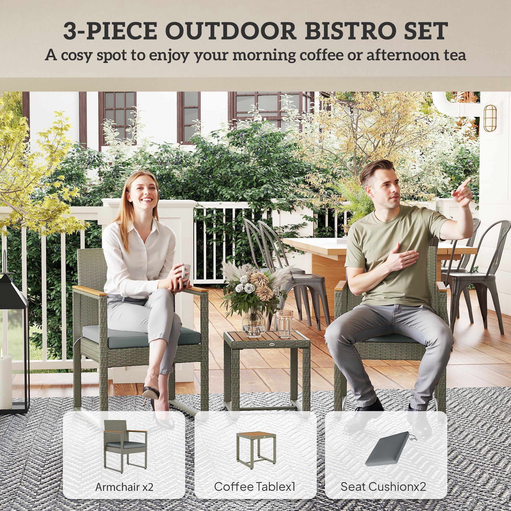 Outsunny Three-Piece Rattan Chair Set - Grey - North Peak Garden Furniture