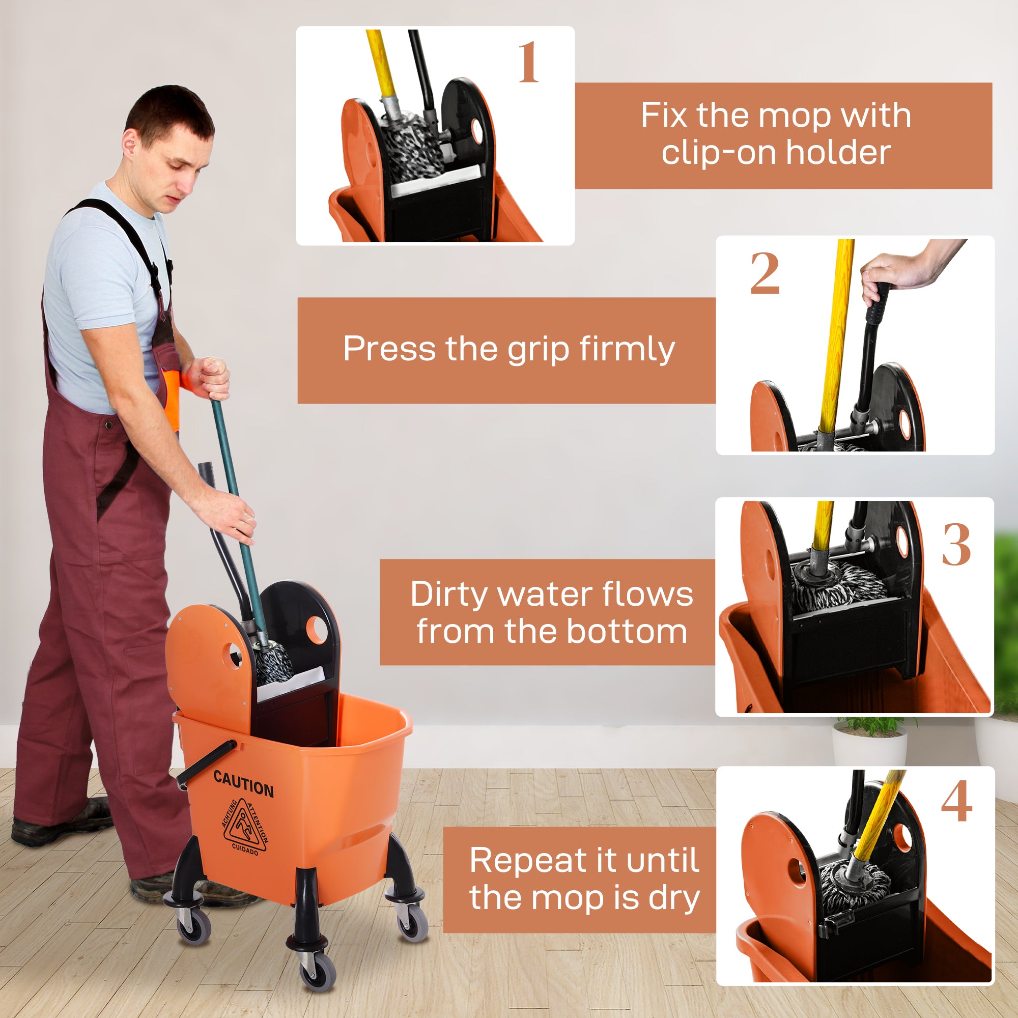 HOMCOM 25L Mop Bucket, with Wringer, Wheels and Handle - Orange - North Peak Garden Furniture