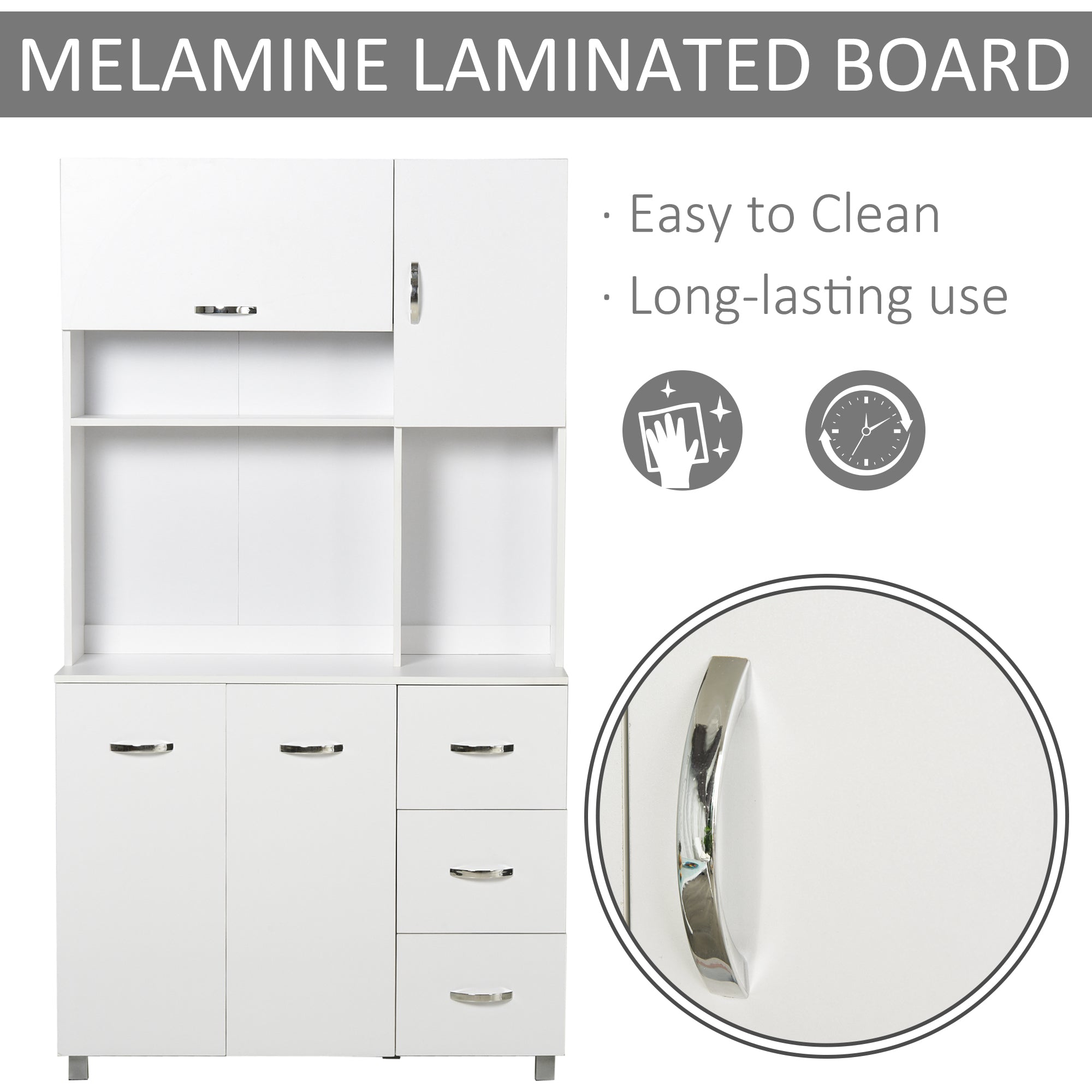HOMCOM Freestanding Kitchen Cupboard, Storage Cabinet with Doors and Shelves, Drawers, Open Compartments for Microwave,White - North Peak Garden Furniture