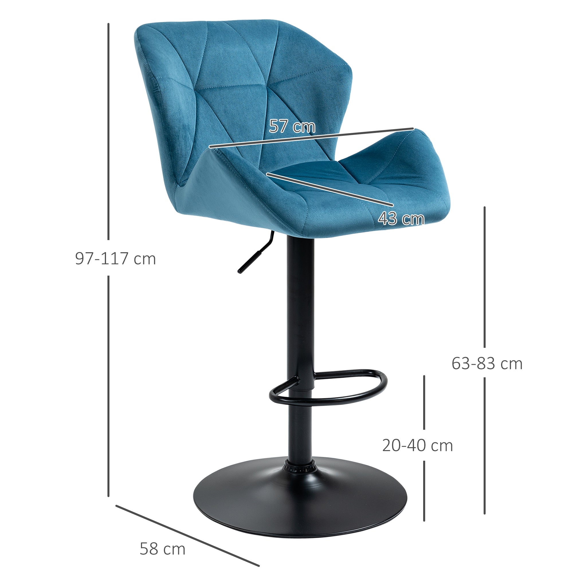 HOMCOM Bar Stools Set Of 2, Luxurious Velvet-Touch Barstools with Metal Frame Footrest Round Base Triangle Indenting Moulded Seat Adjustable Height Swivel Blue - North Peak Garden Furniture