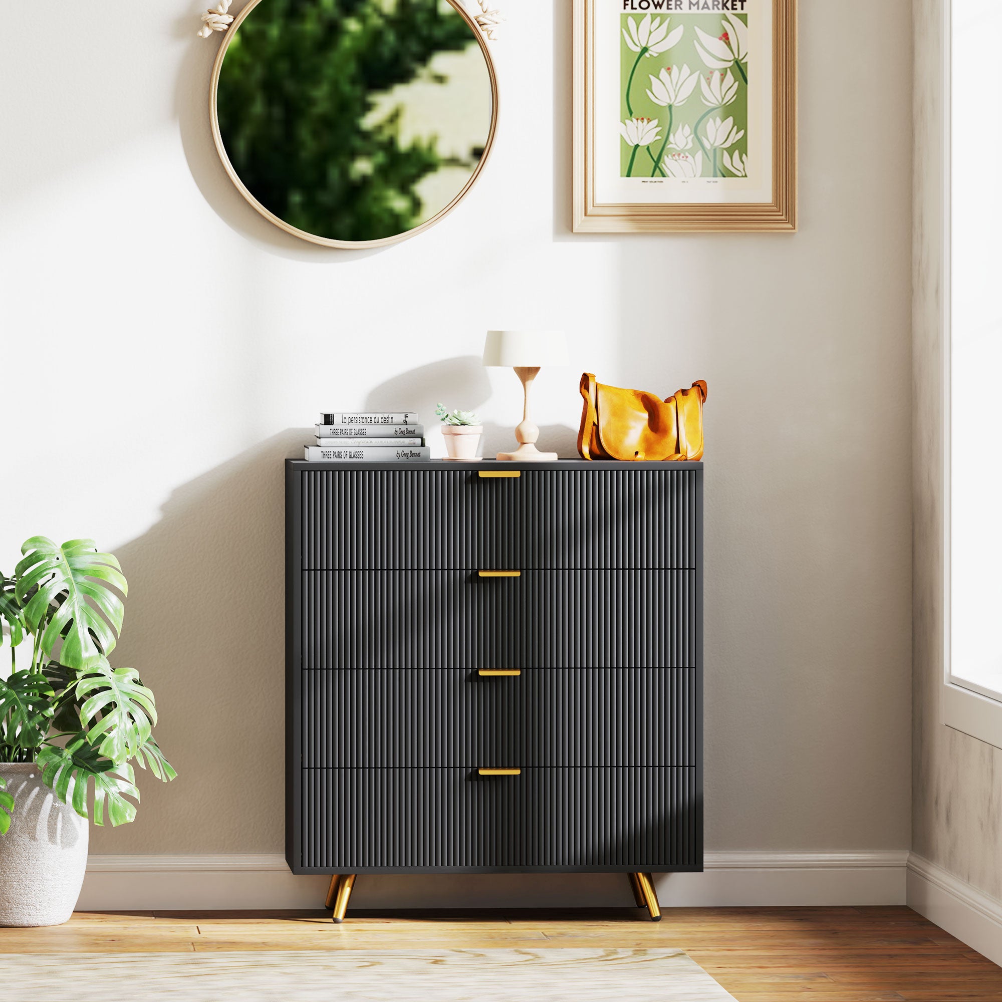 HOMCOM Bedroom Chest of Drawers with 4 Drawers, Fluted Dresser with Gold Tone Handles, Storage Cabinet for Bedroom, Living Room, Hallway, Entryway, Black - North Peak Garden Furniture