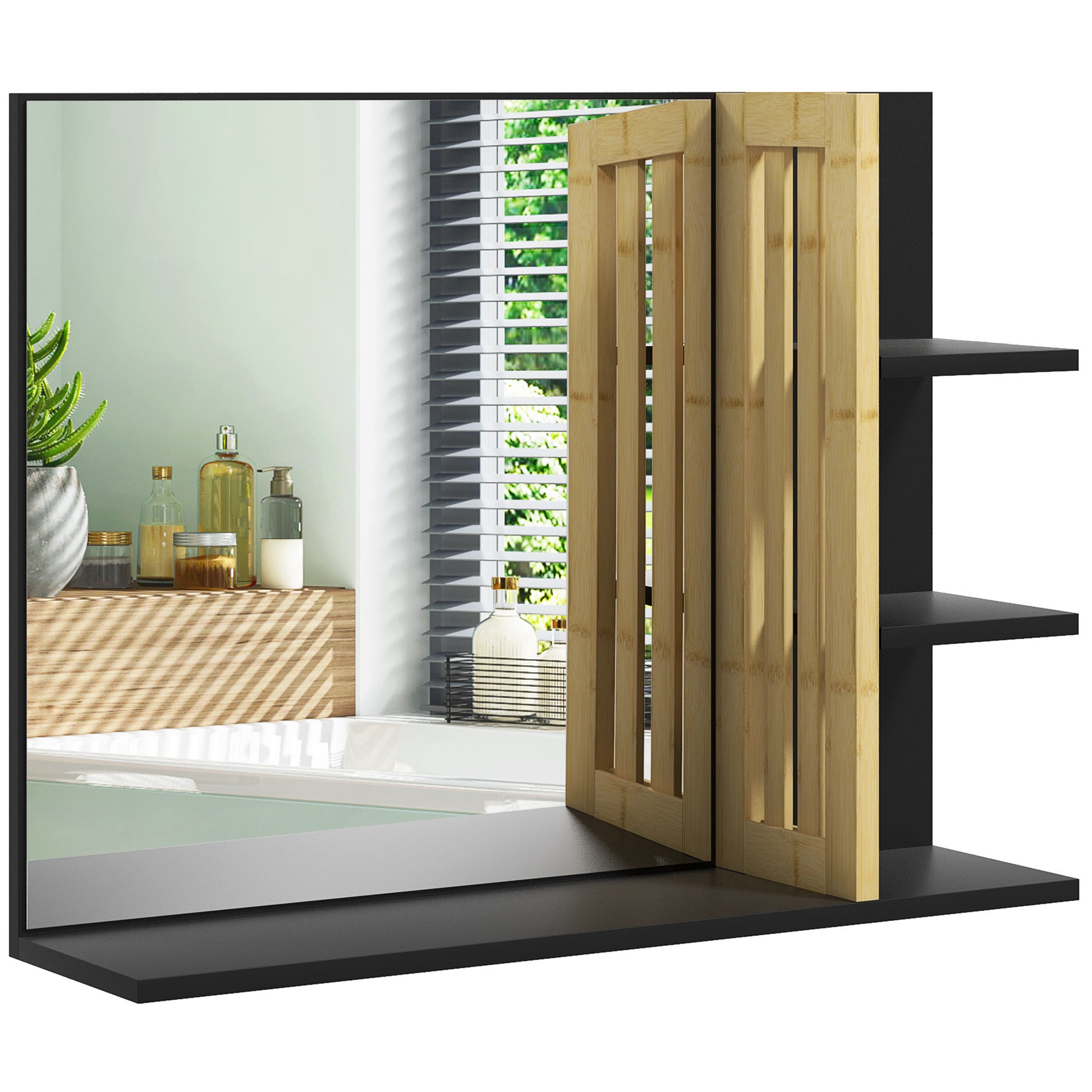 HOMCOM Bamboo Panel Bathroom Mirror, with Shelves - North Peak Garden Furniture