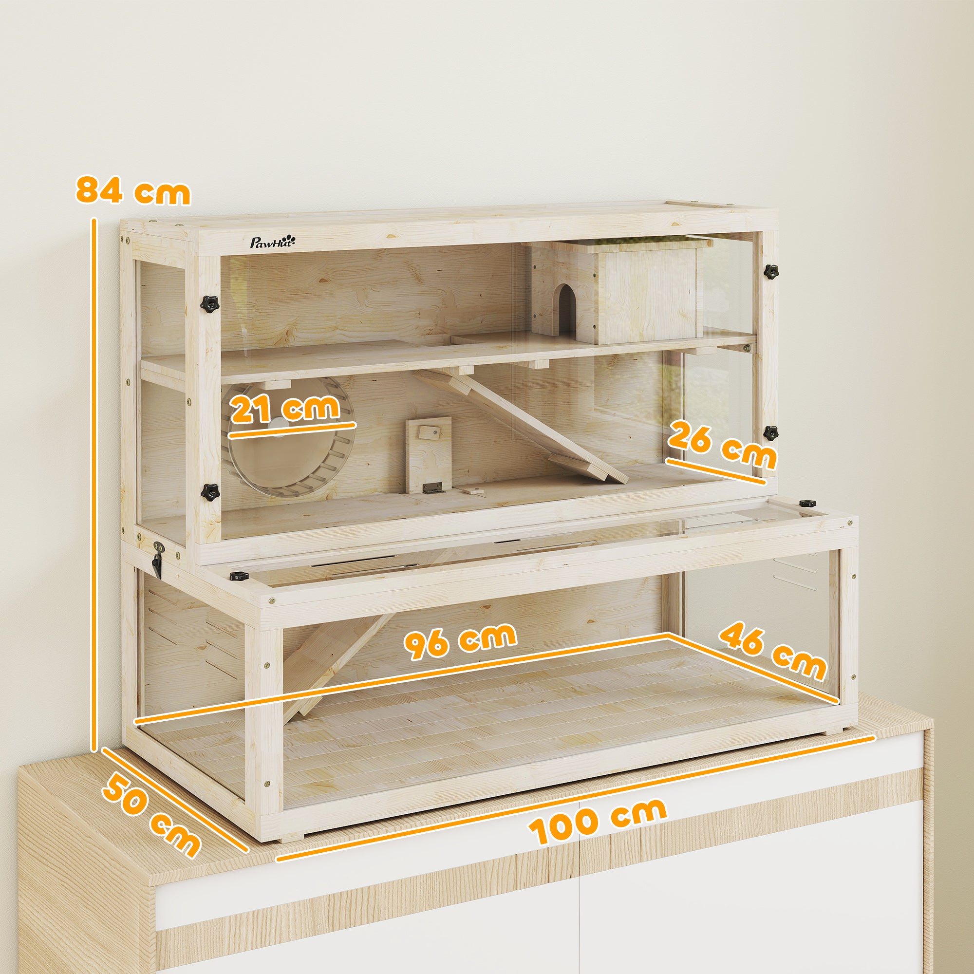PawHut Wooden Hamster Cage with Hut, Wheel, Ramps, Removable Viewing Panels, 100 x 50 x 84 cm, Natural Wood