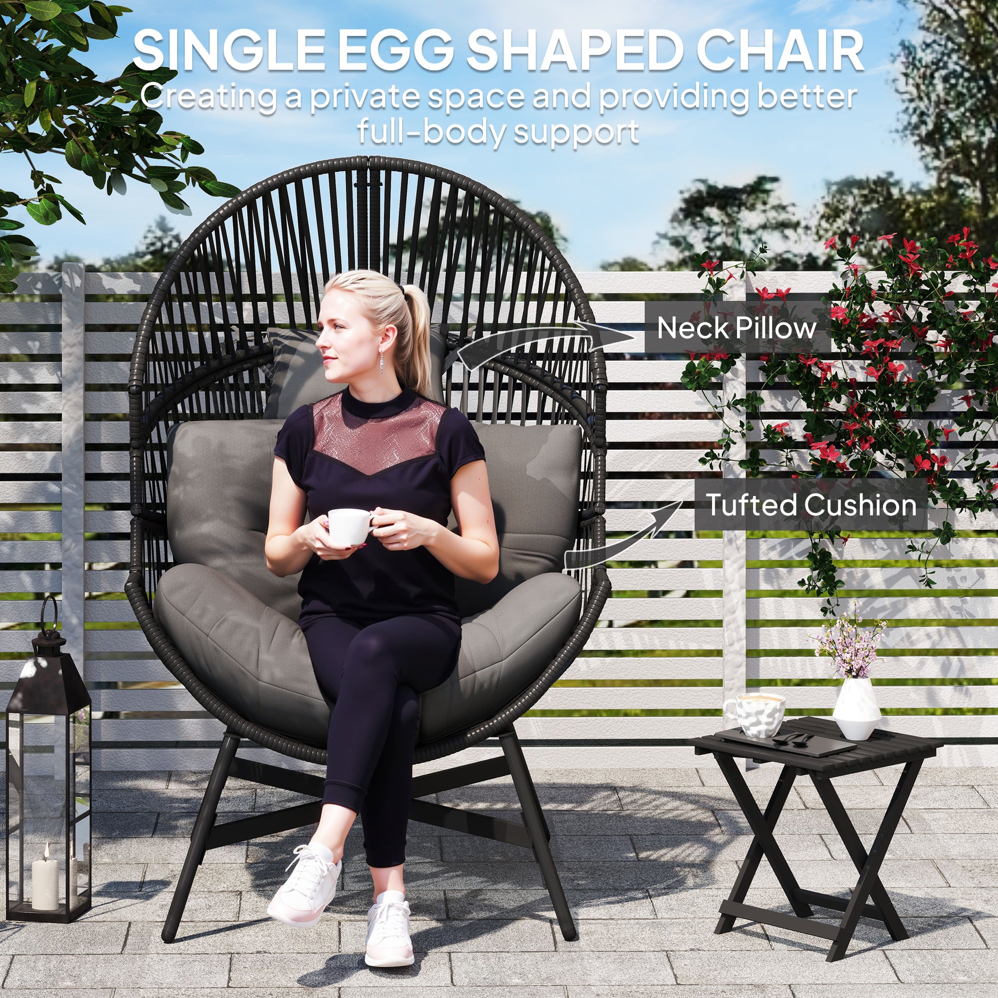Outsunny Standing Rattan Egg Chair Outdoor, Oversized Wicker Garden Egg Chair with Thick Tufted Cushion, Headrest, Steel Frame, Charcoal Grey - North Peak Garden Furniture