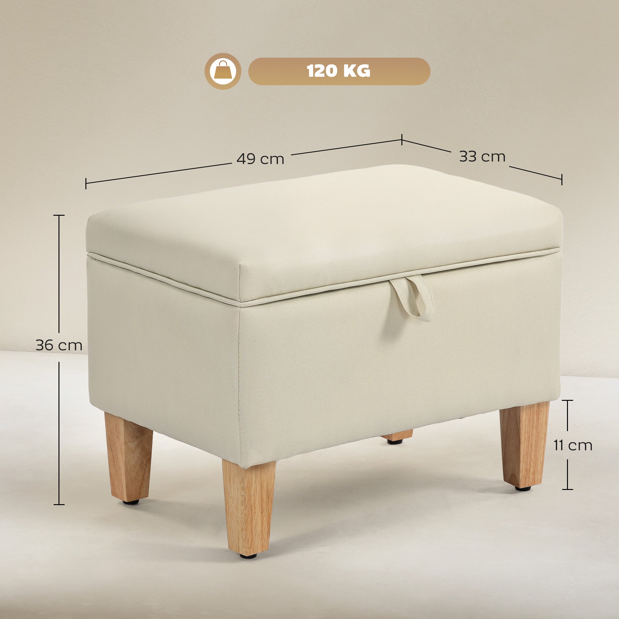 HOMCOM 16L Linen Storage Ottoman Padded Footstool with Rubberwood Legs for Storage Box, Bed End, Shoe Bench, Seating, Beige