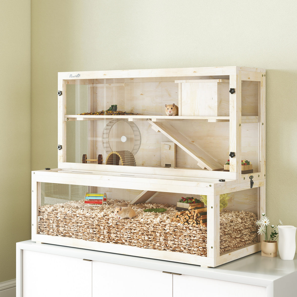 PawHut Wooden Hamster Cage with Hut, Wheel, Ramps, Removable Viewing Panels, 100 x 50 x 84 cm, Natural Wood