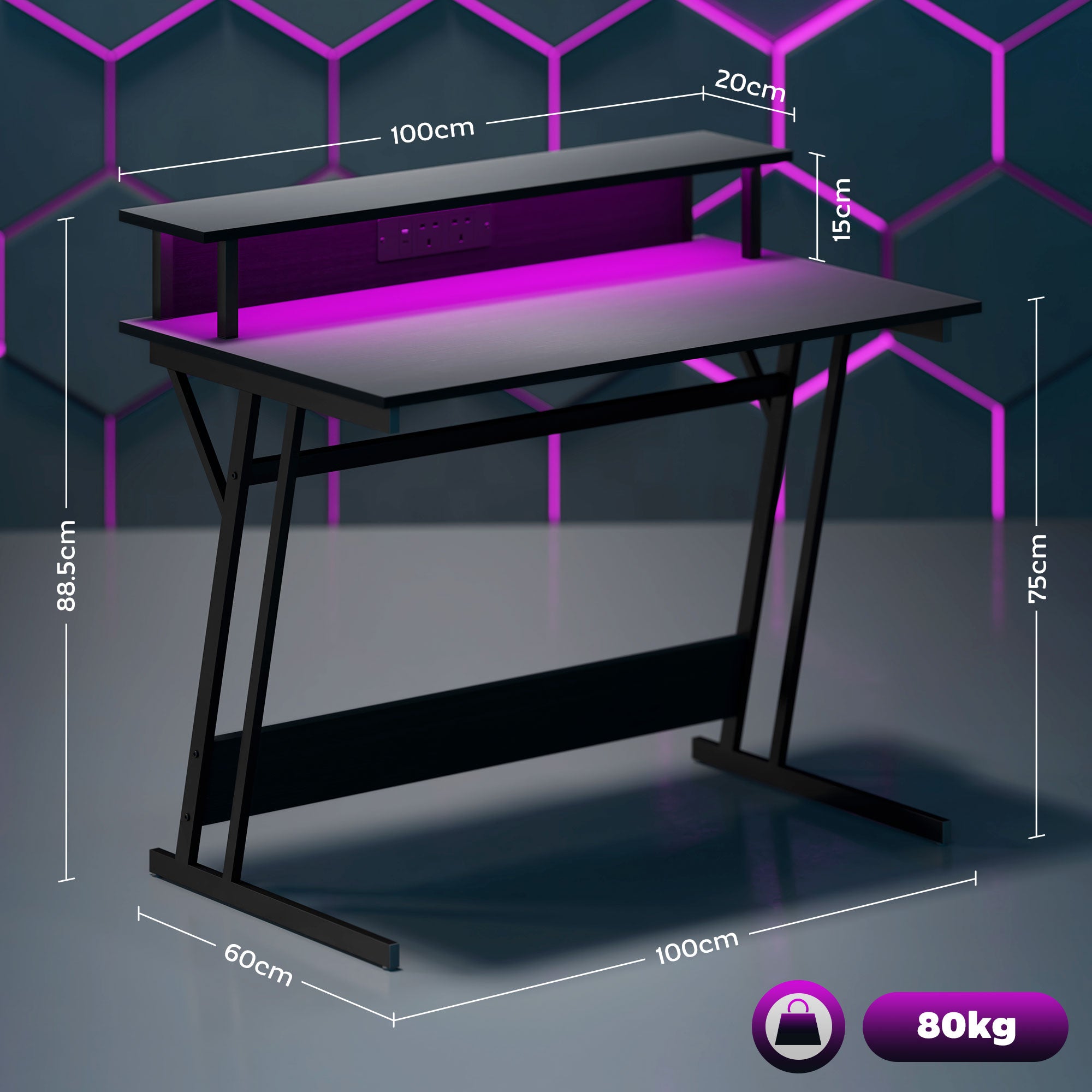 HOMCOM Gaming Desk with LED Lights and Power Outlets, 100 x 60cm Z Shaped Computer Desk with Monitor Stand and Steel Frame, PC Gaming Table for Home Office, Black - North Peak Garden Furniture