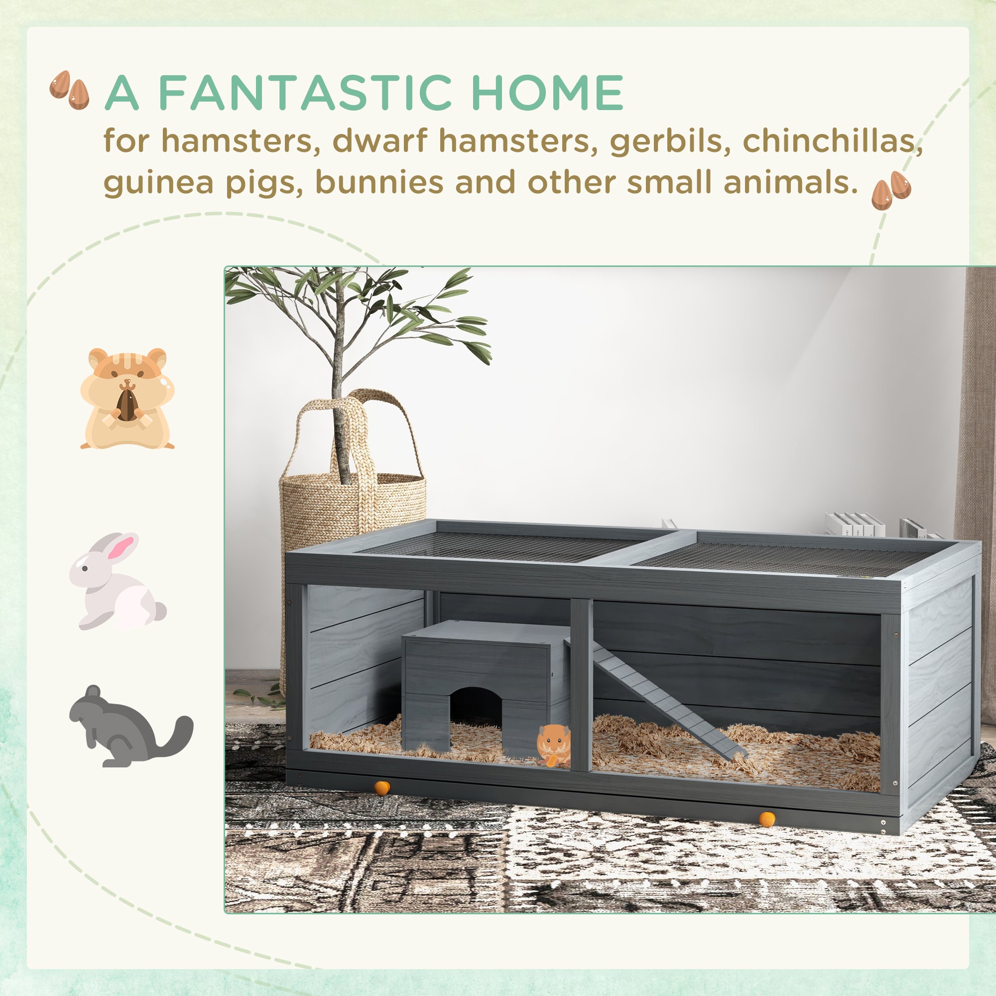 PawHut Wooden Hamster Cage with Sliding Tray, Openable Top, Hut for Syrian Hamsters, Grey - North Peak Garden Furniture