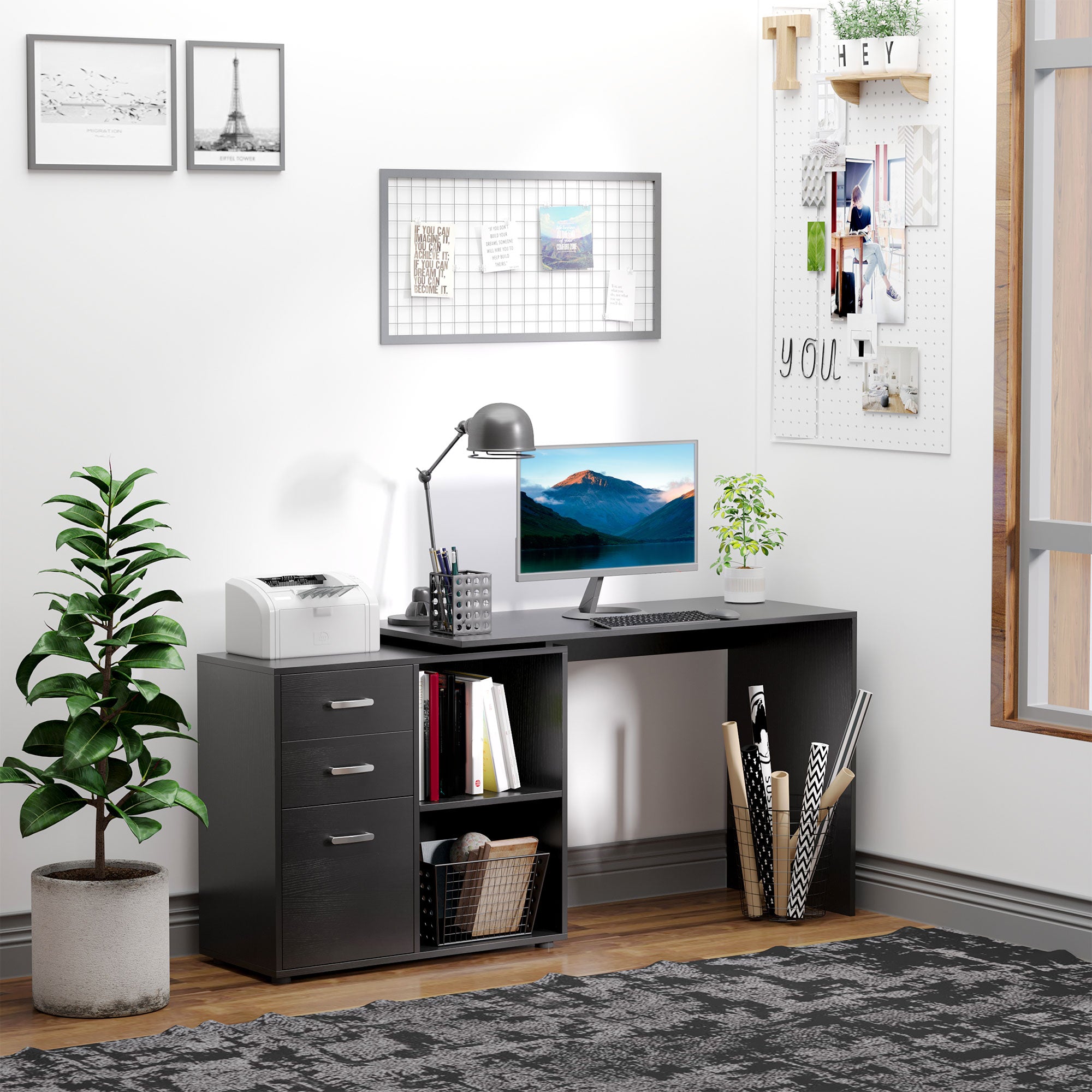 HOMCOM L-Shaped Computer Desk, 2 Shaped Corner Desk with Drawers, File Cabinet and Storage Shelves, Home Office Desk, 117 x 83.5 x 76cm, Black