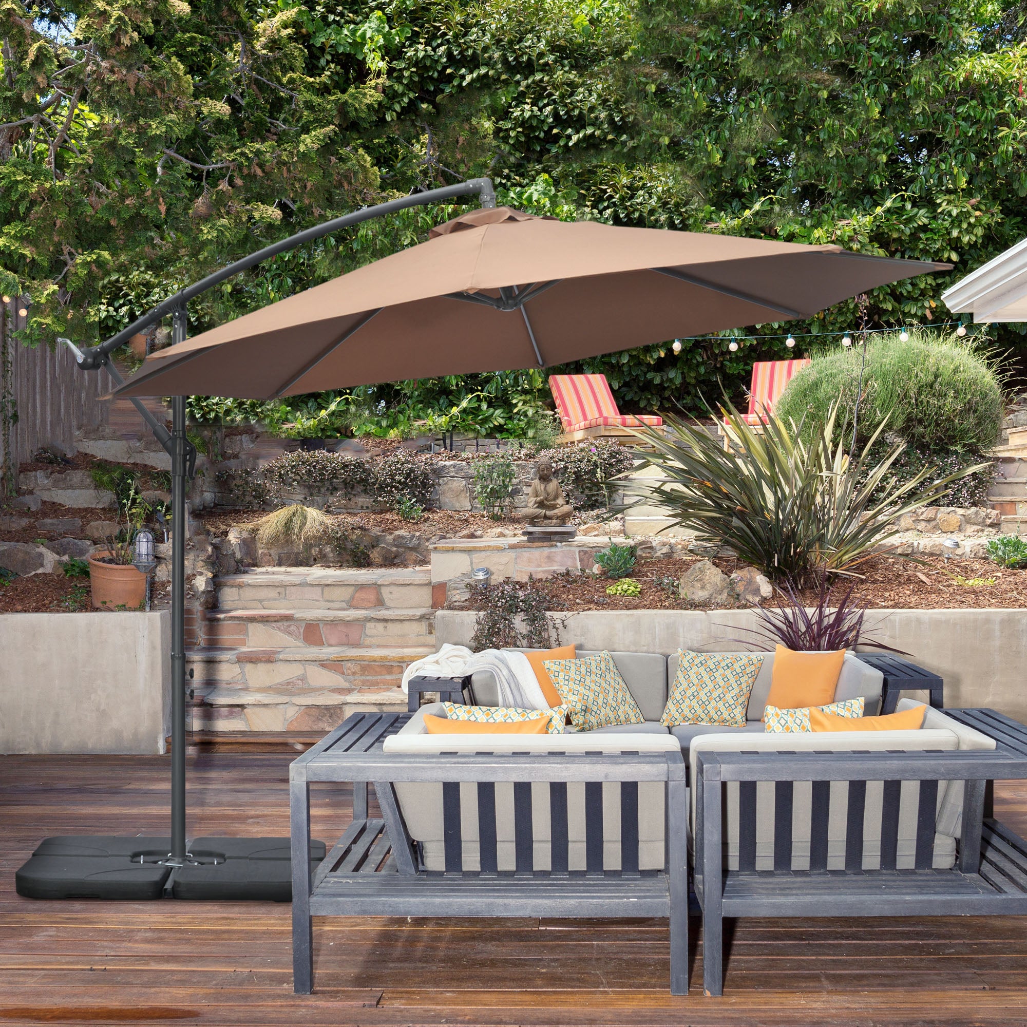 Outsunny 3(m) Garden Banana Parasol Cantilever Umbrella with Crank Handle, Cross Base, Weights and Cover for Outdoor, Hanging Sun Shade, Coffee - North Peak Garden Furniture