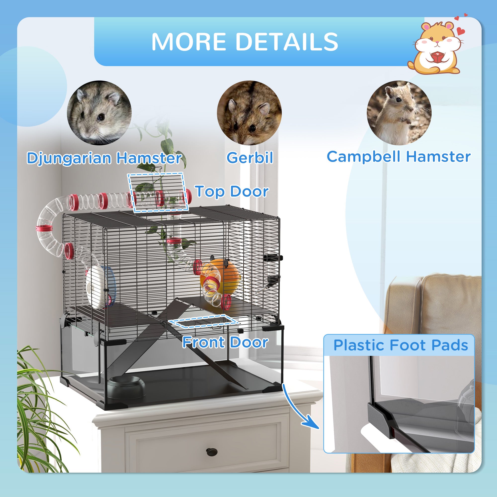 PawHut Gerbil Cage Dwarf Hamster Cage, with Deep Glass Bottom, Tunnels, Hut, Exercise Wheel, 60 x 40 x 57cm