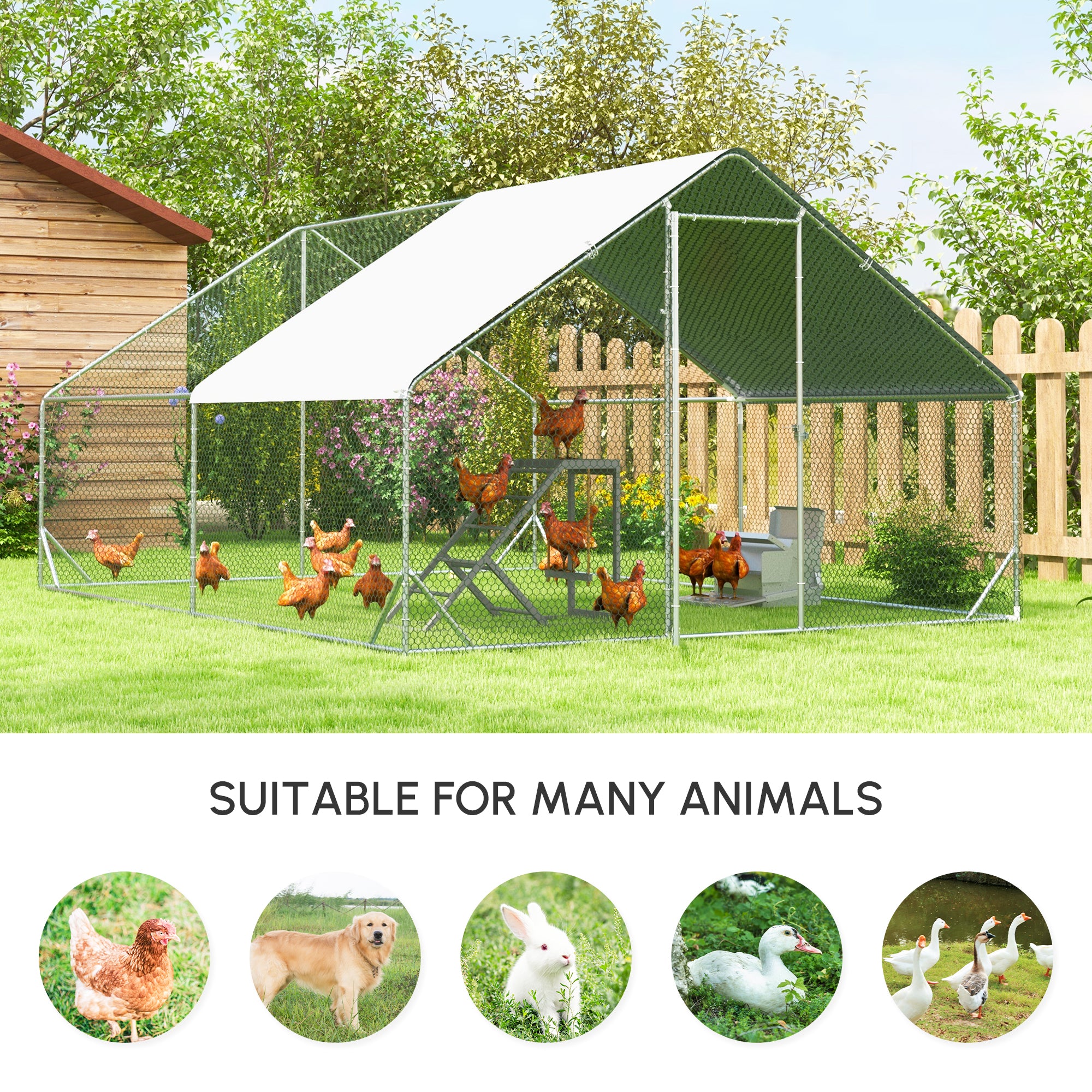 PawHut Chicken Run Galvanised Walk-in Chicken Coop Hen Poultry House Cage Rabbit Hutch Pet Playpen Garden w/ Water-Resist Cover, 3 x 4 x 2m - North Peak Garden Furniture