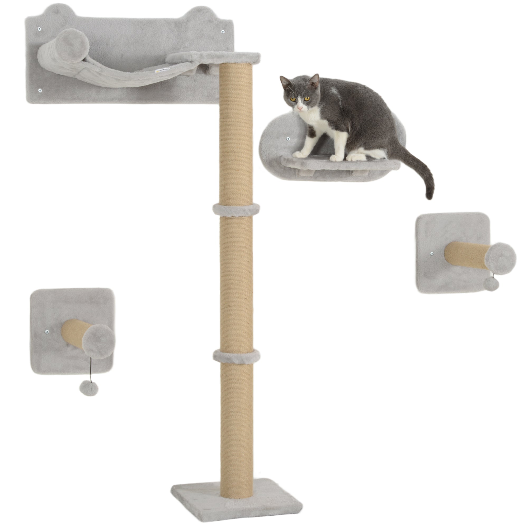 PawHut 4-Piece Cat Shelves w/ Scratching Post, Steps, Jumping Platform, Ladder, Toy Balls, for Indoor Cats, Light Grey