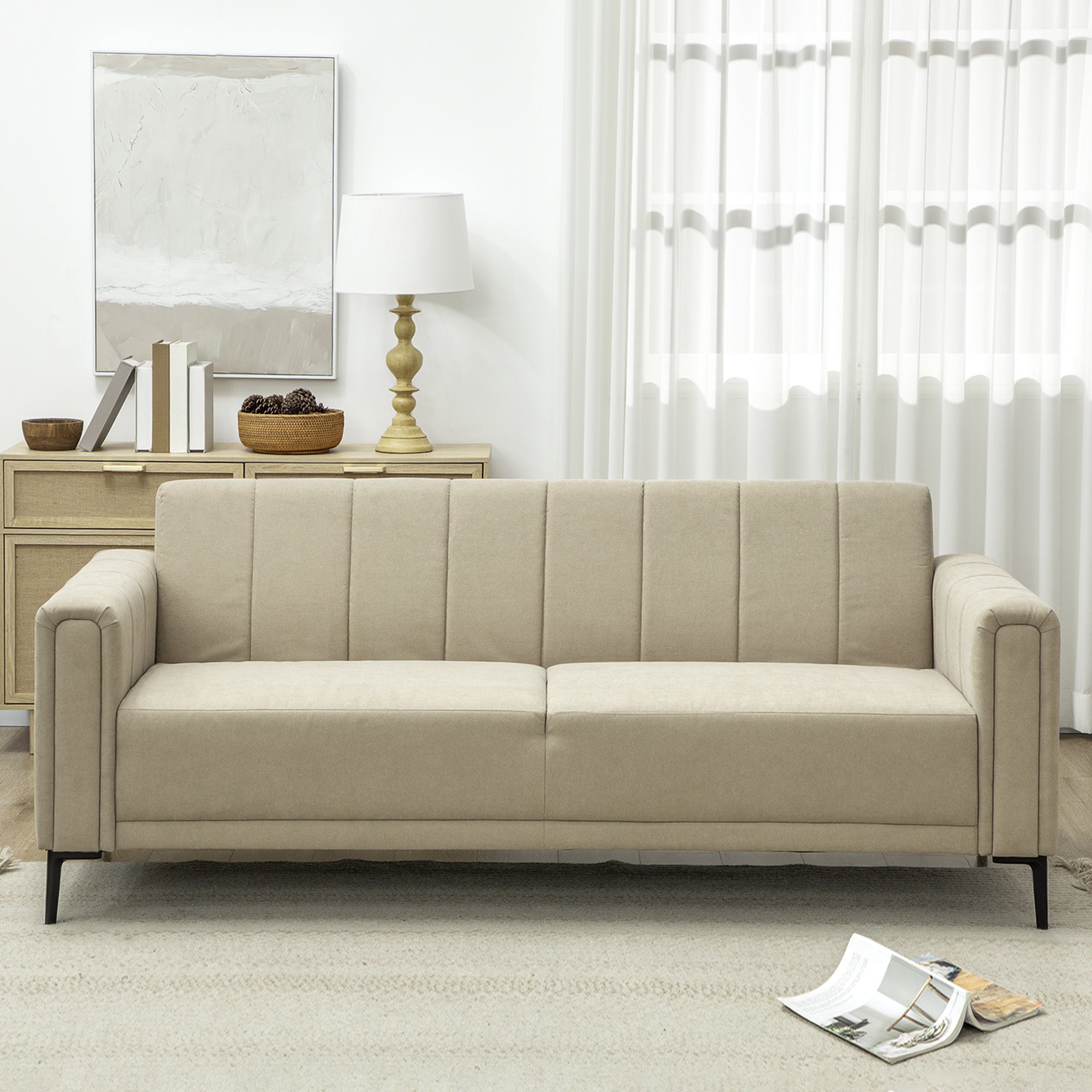 HOMCOM 3 Seater Sofa, Modern Fabric Sofa Couch, Channel Tufted Upholstered Sofa Settee for Living Room, Guest Room, Bedroom, Home Office, Khaki - North Peak Garden Furniture