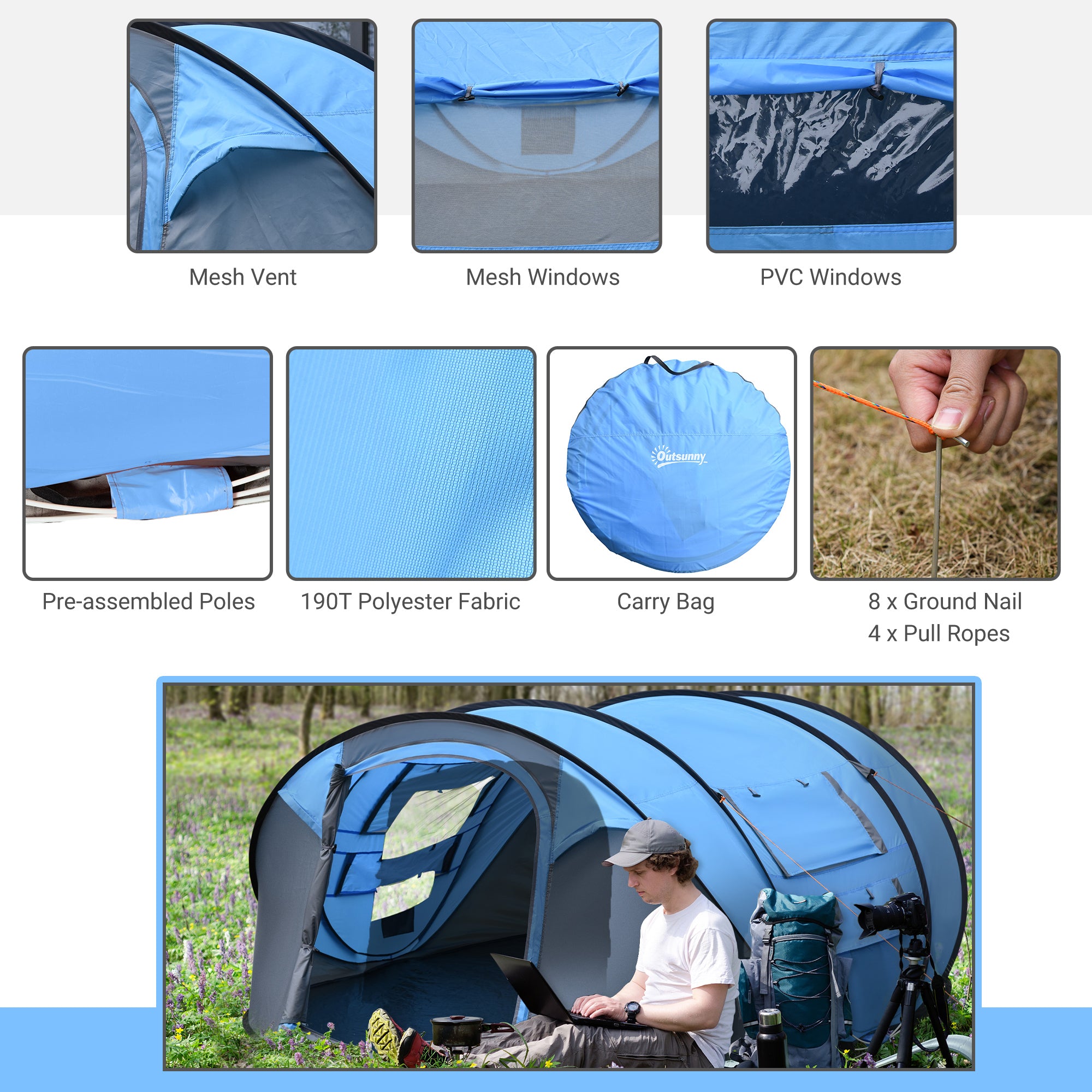 Outsunny 4-5 Person Pop-up Camping Tent Waterproof Family Tent w/ 2 Mesh Windows & PVC Windows Portable Carry Bag for Outdoor Trip, Sky Blue