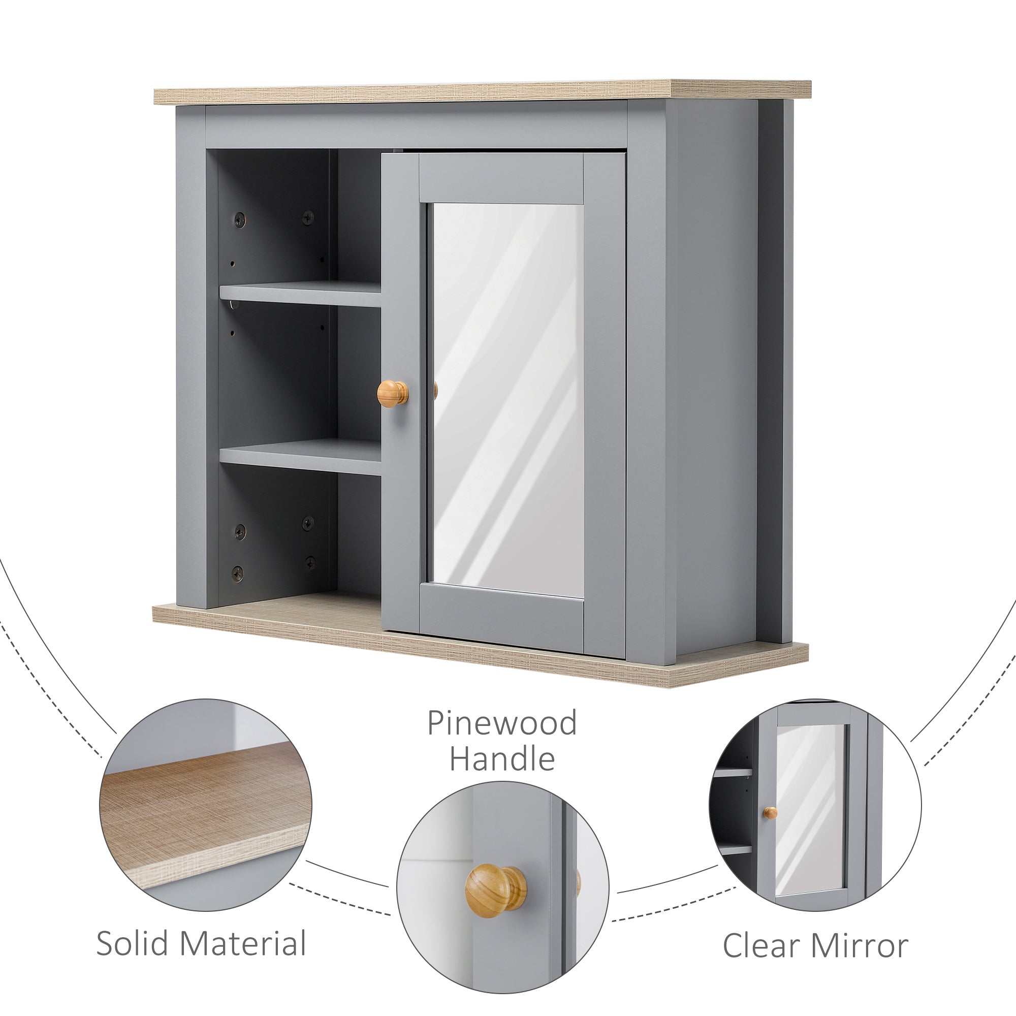 kleankin Bathroom Wall Mirror Cabinet, Cupboard with Door, Storage Cabinet with Adjustable Shelf for Corridors Living Rooms, Grey - North Peak Garden Furniture
