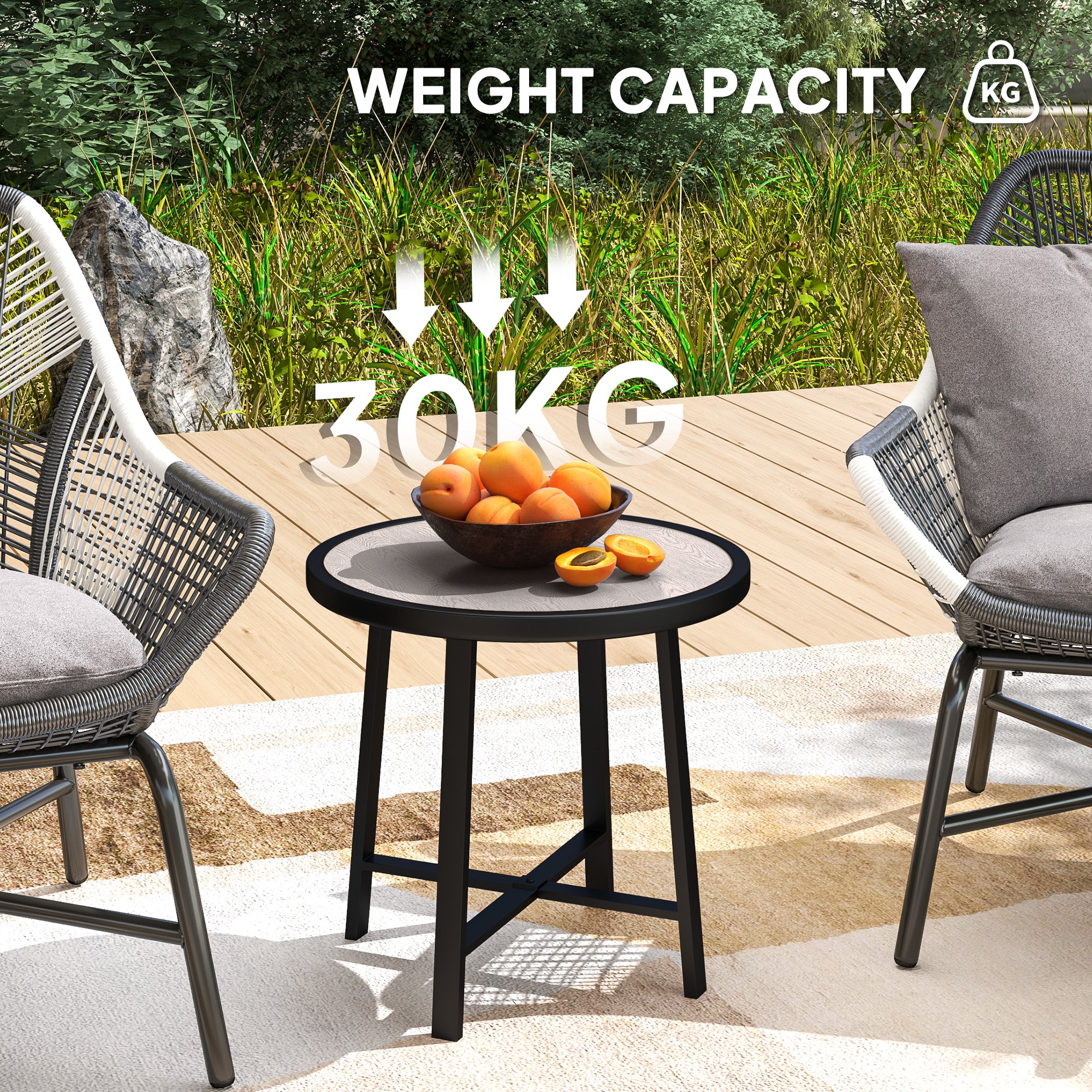 Outsunny Round Small Garden Table, 50.5cm Outdoor Side Table with SPC Tabletop, Metal Frame and Anti-slip Foot Pads for Garden, Balcony, Grey Wood Effect - North Peak Garden Furniture