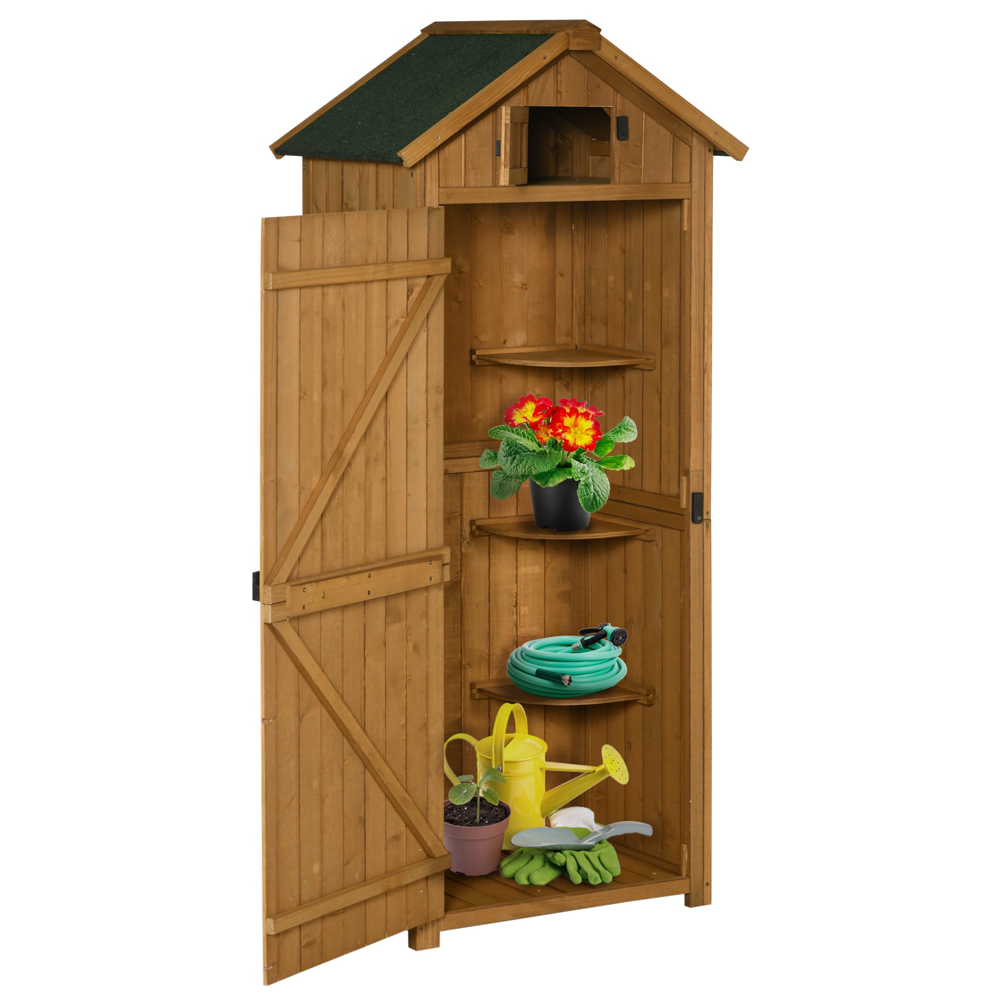 Outsunny Garden Shed Vertical Utility 3 Shelves Shed Wood Outdoor Garden Tool Storage Unit Storage Cabinet, 77 x 54.2 x 179cm - Brown - North Peak Garden Furniture