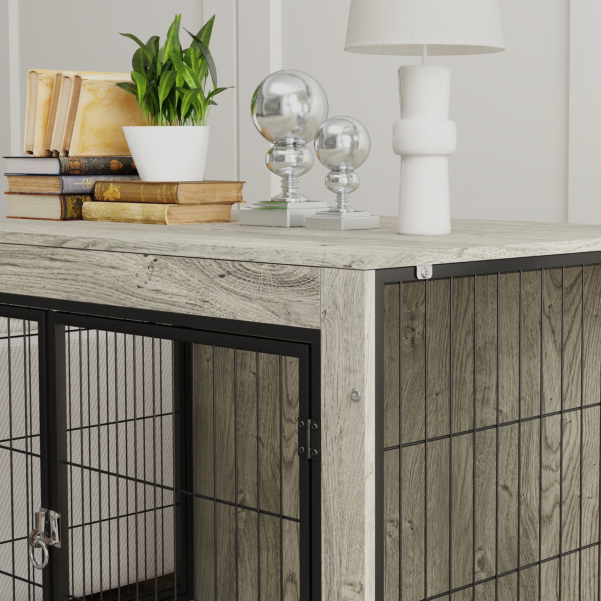 PawHut Dog Crate Furniture with Wheels, Double Doors, for Large Dogs, 100 x 60 x 73.5cm, Grey - North Peak Garden Furniture