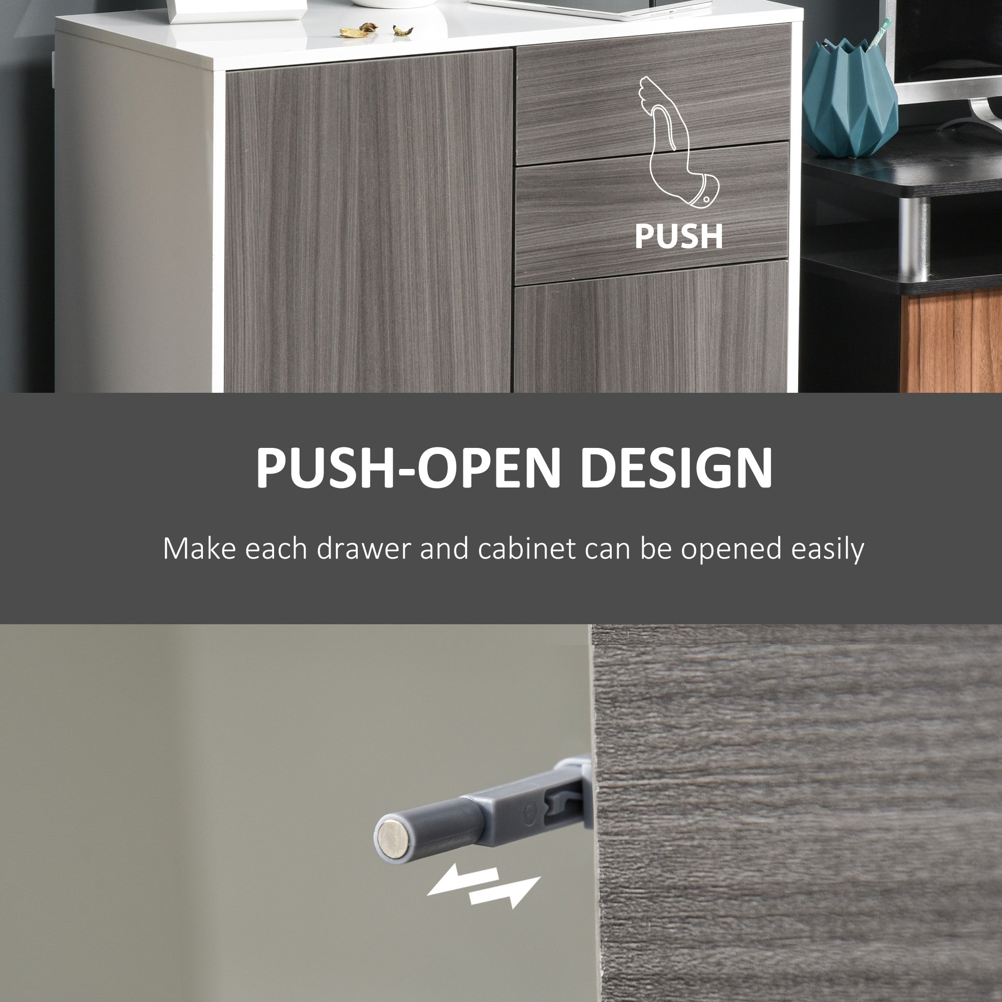 HOMCOM High Gloss Frame Sideboard, Side Cabinet, Push-Open Design with 2 Drawer for Living Room, Bedroom, Grey - North Peak Garden Furniture