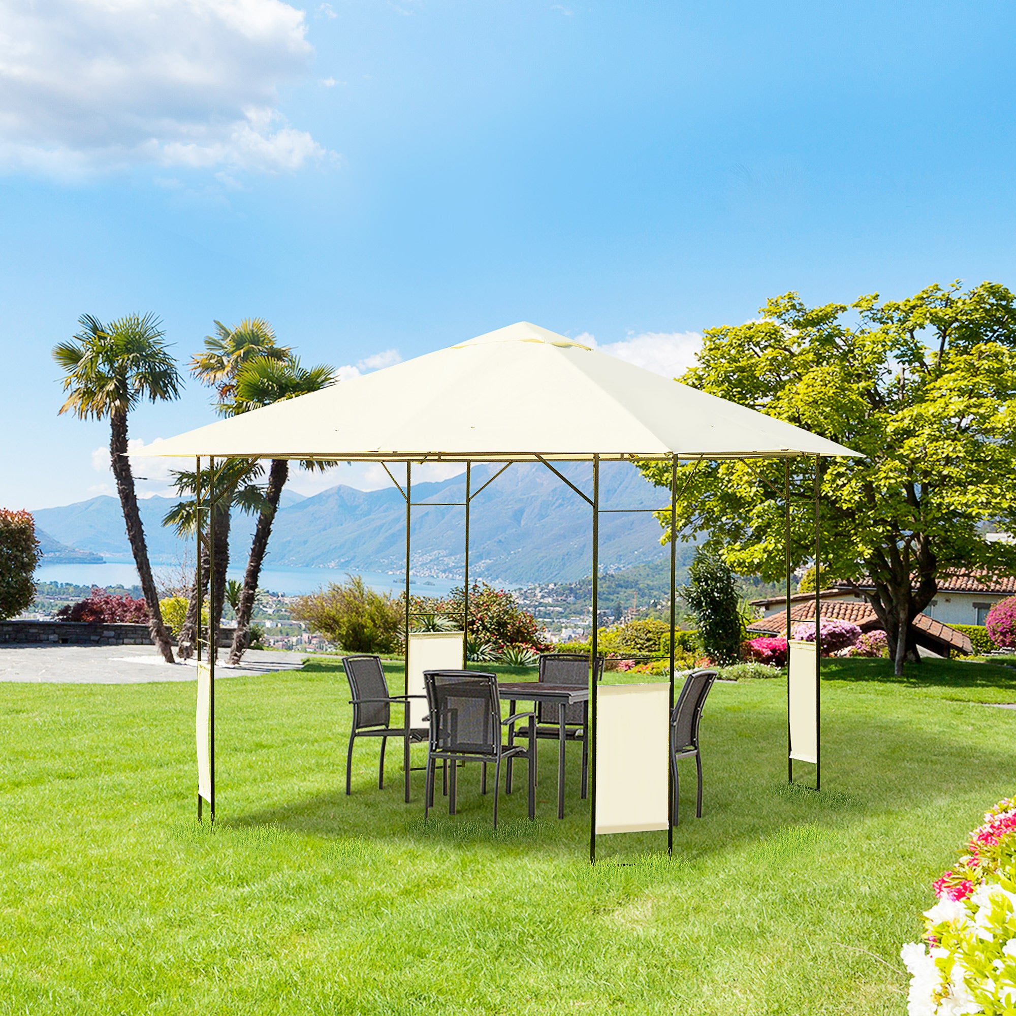 Outsunny 3 x 3 Meters Patio Garden Metal Gazebo Marquee Steel Frame with Canopy Awning Tent Water Resistant Cream - North Peak Garden Furniture