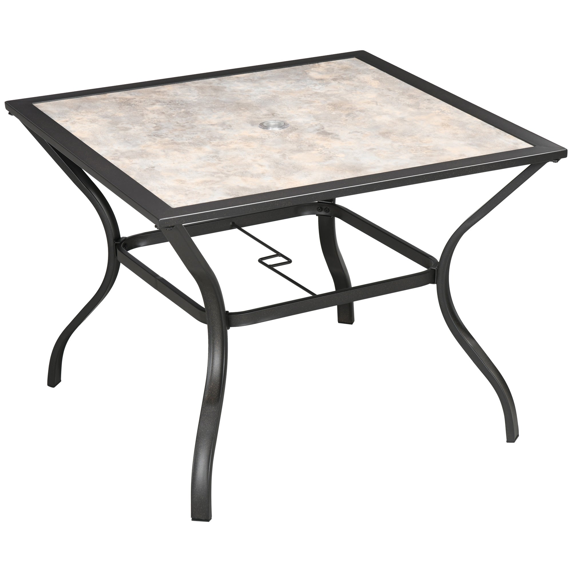 Outsunny 94 x 94 cm Garden Table with Parasol Hole, Outdoor Dining Table for 4, Square Patio Table with Stone-Grain Effect PC Board Top for Patio, Garden, Grey - North Peak Garden Furniture