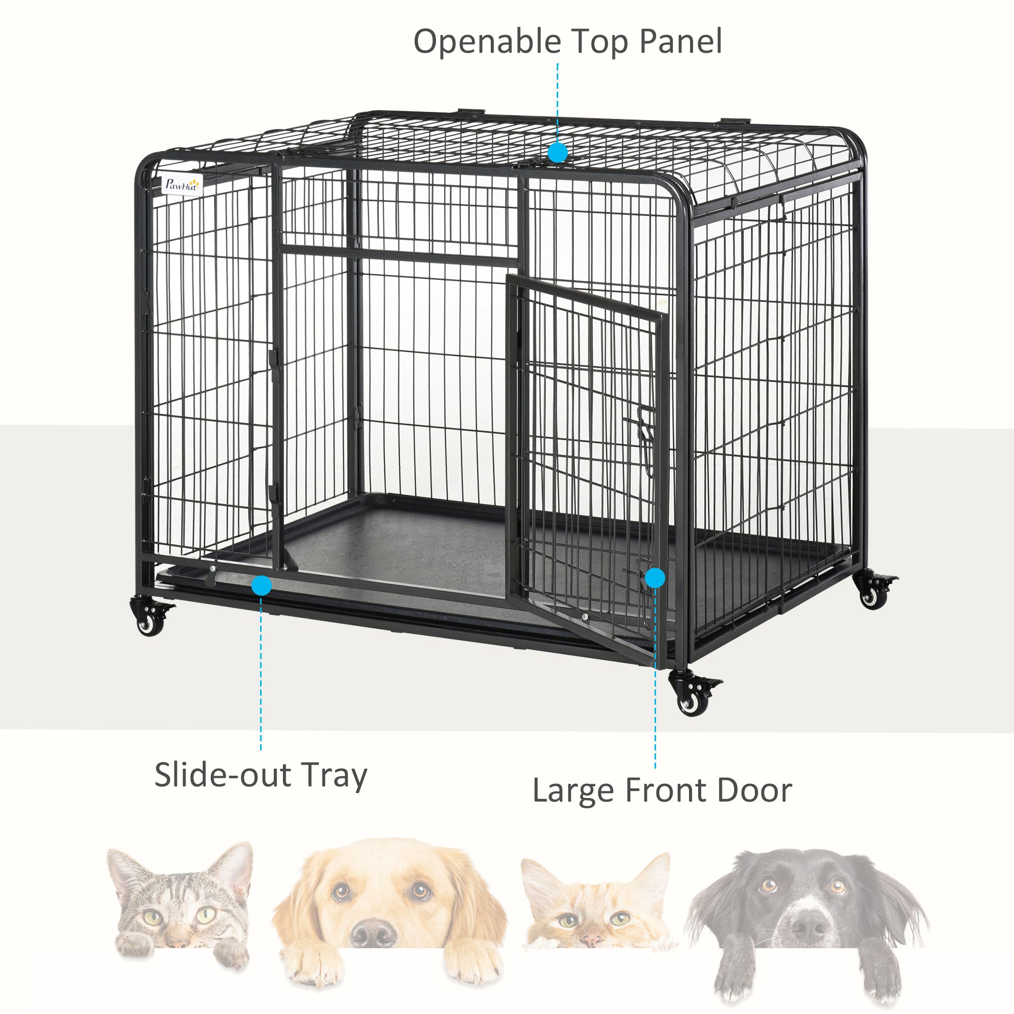 PawHut Metal Dog Cage Kennel Locking Door & Wheels Removable Tray Openable Top For Large Pets 109.5 x 71 x 78 cm - North Peak Garden Furniture