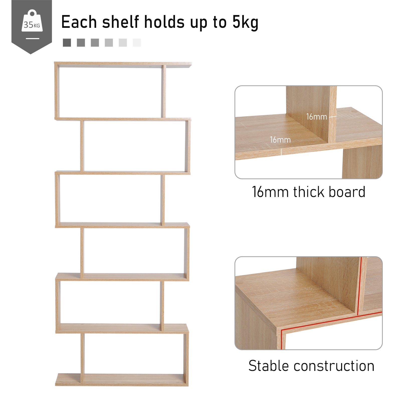 HOMCOM Wooden Wood S Shape Storage Display 6 Shelves Room Divider Unit Chest Bookshelf Bookcase Cupboard Cabinet Home Office Furniture (Oak)