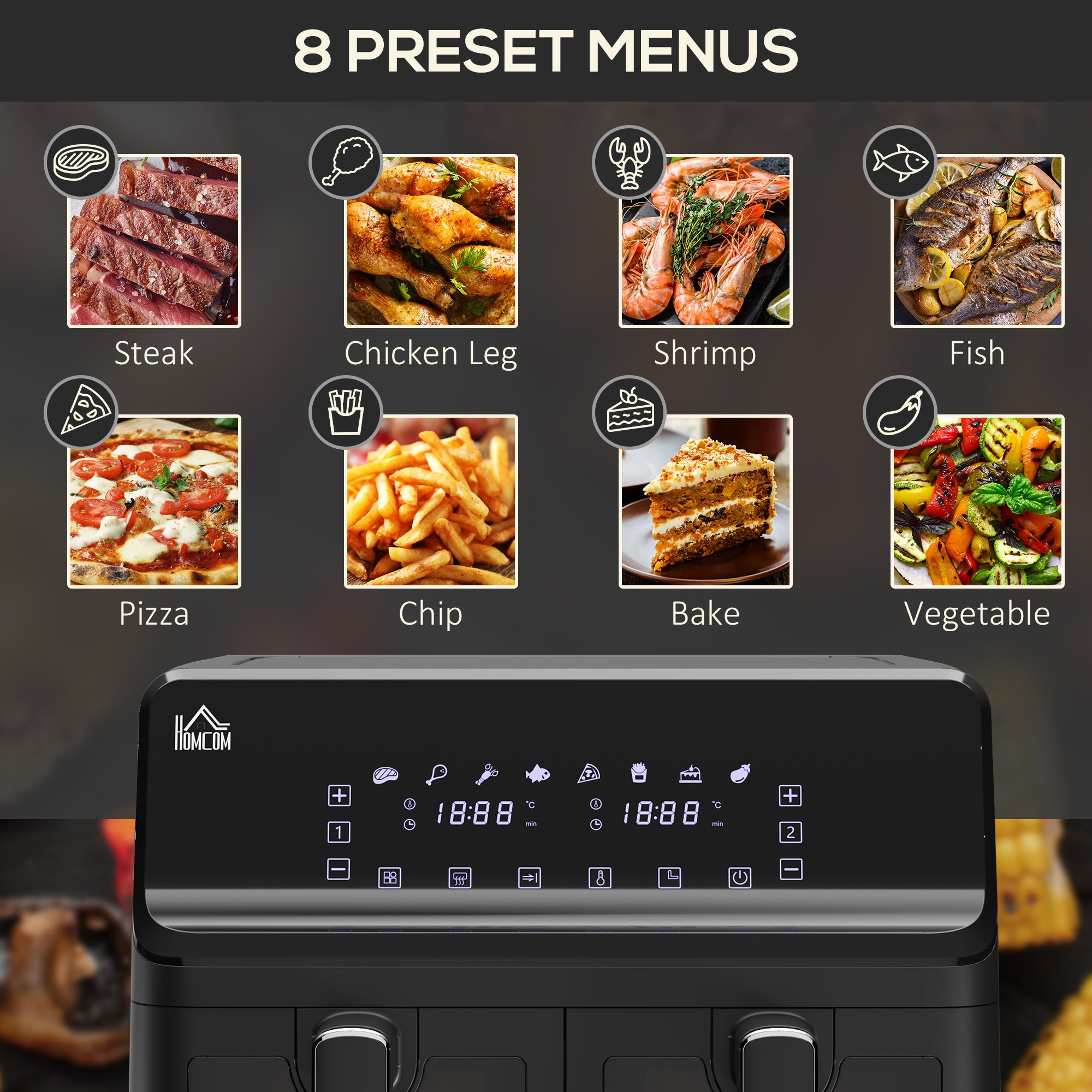HOMCOM 8L Dual Basket Air Fryer, 8-in-1 Air Fryer Oven with Digital Display, Visible, Timer, Preheat for Oil Free Low Fat Cooking, 2500W, Sync Finish, Sliver - North Peak Garden Furniture