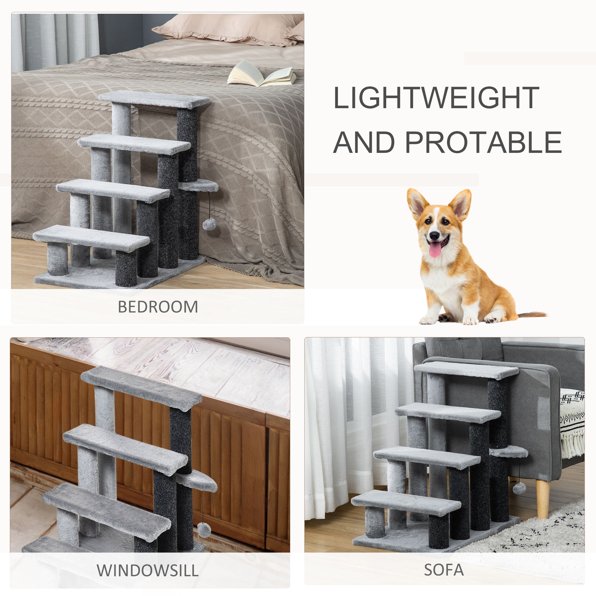 PawHut 4-step Pet Stairs with Scratching Posts, Platforms, Toy Ball, Grey - North Peak Garden Furniture