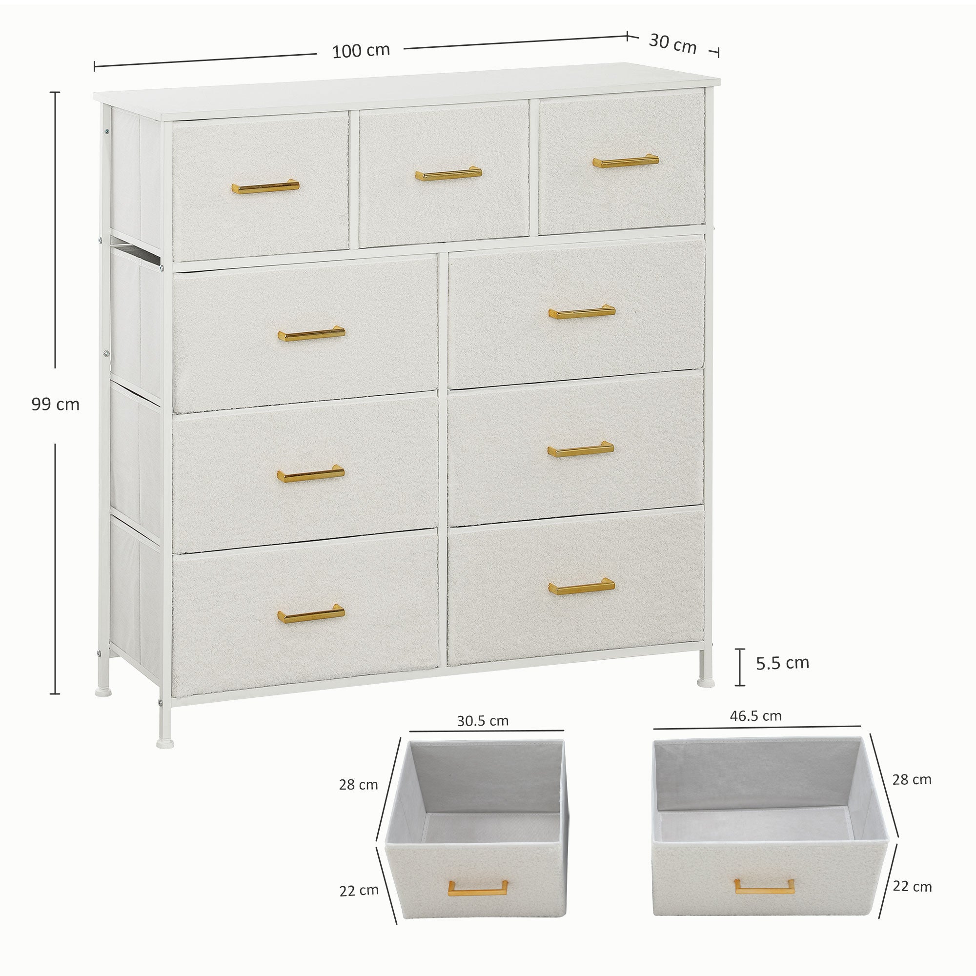 HOMCOM Chest of Drawers with 9 Fabric Drawers, Boucle Storage Organiser with Steel Frame, Fabric Dresser for Bedroom, Living Room, Hallway, Cream White - North Peak Garden Furniture