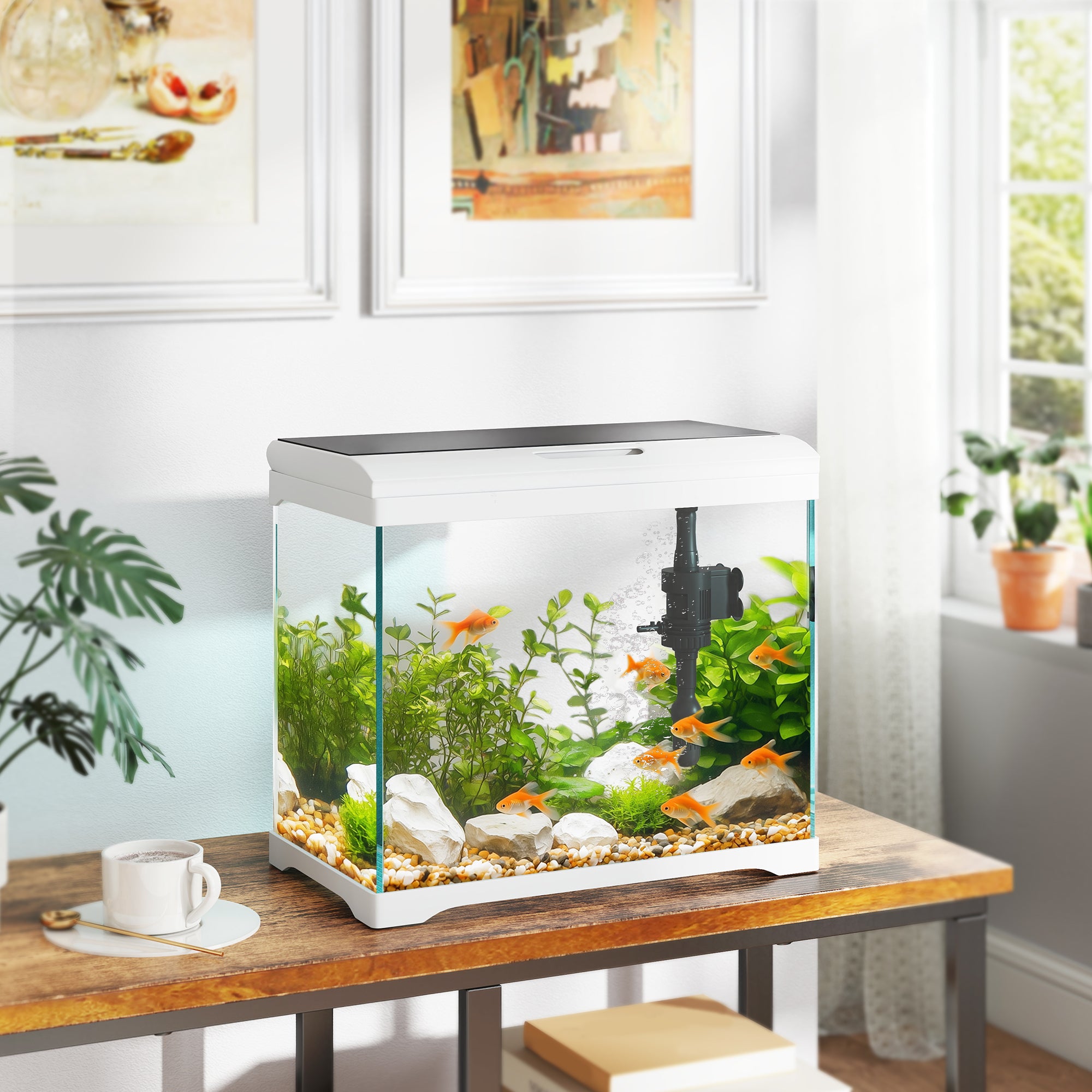 PawHut 27L Glass Fish Tank with Filter System, LED Light, Water Pump, for Betta, Goldfish, Shrimps, White - North Peak Garden Furniture