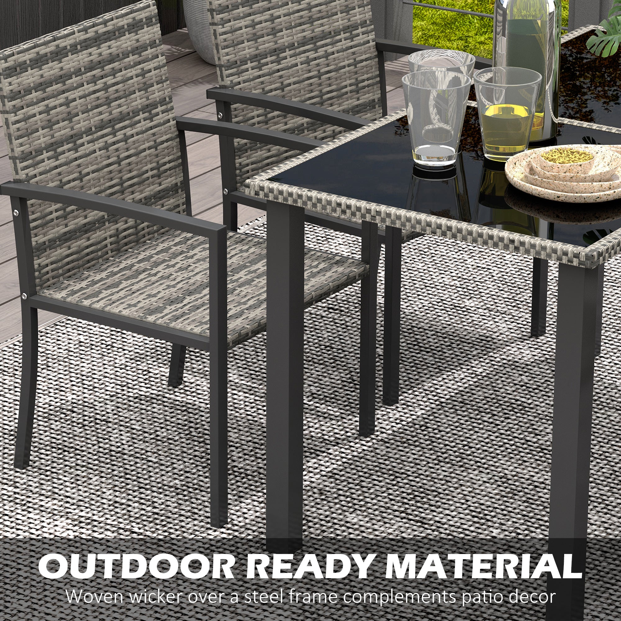 Outsunny Outdoor Dining Set 5 Pieces Patio Conservatory with Tempered Glass Tabletop,4 Dining Chairs - Mixed Grey - North Peak Garden Furniture