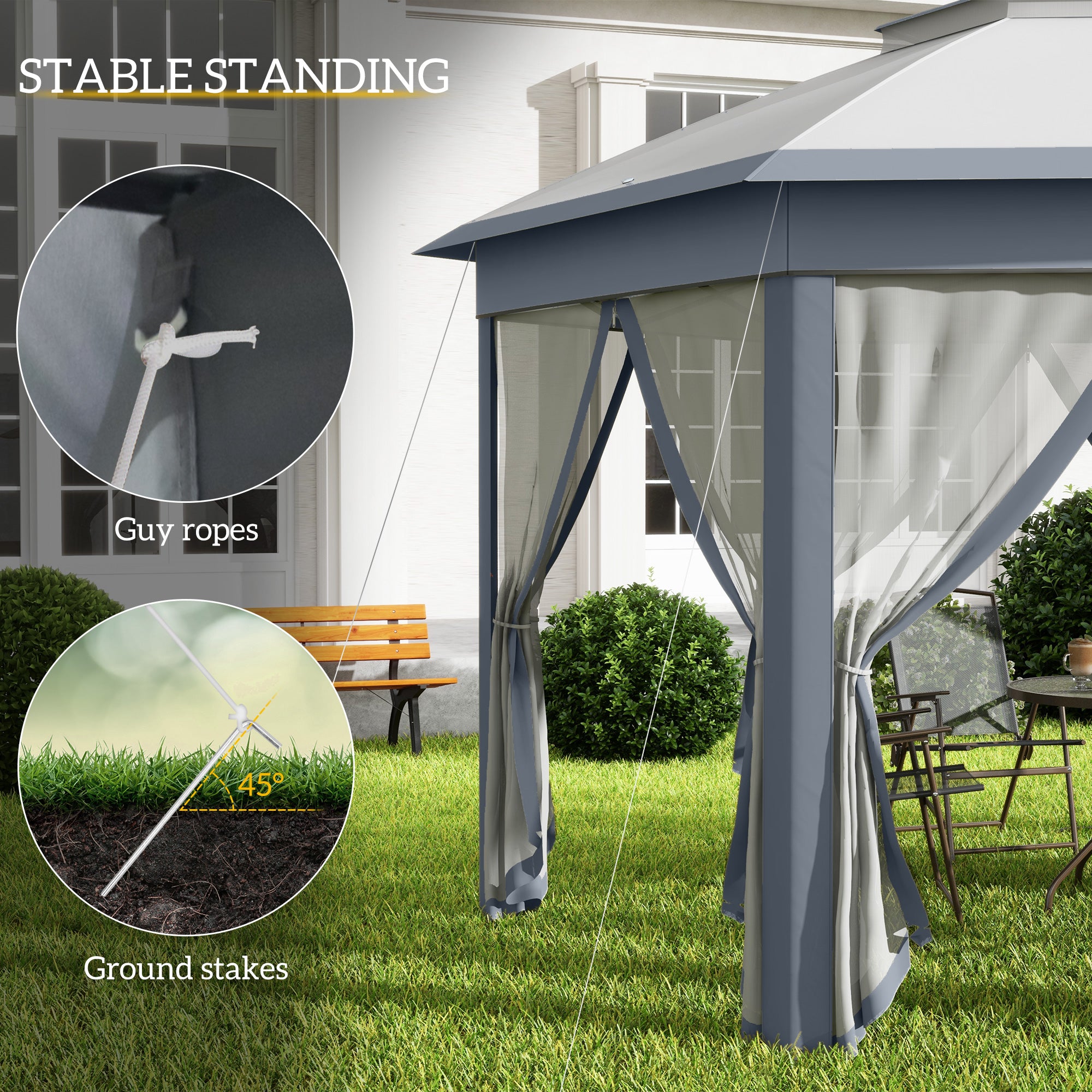 Outsunny 3 x 4m Metal Frame Hexagon Gazebo, with Curtains - Grey - North Peak Garden Furniture