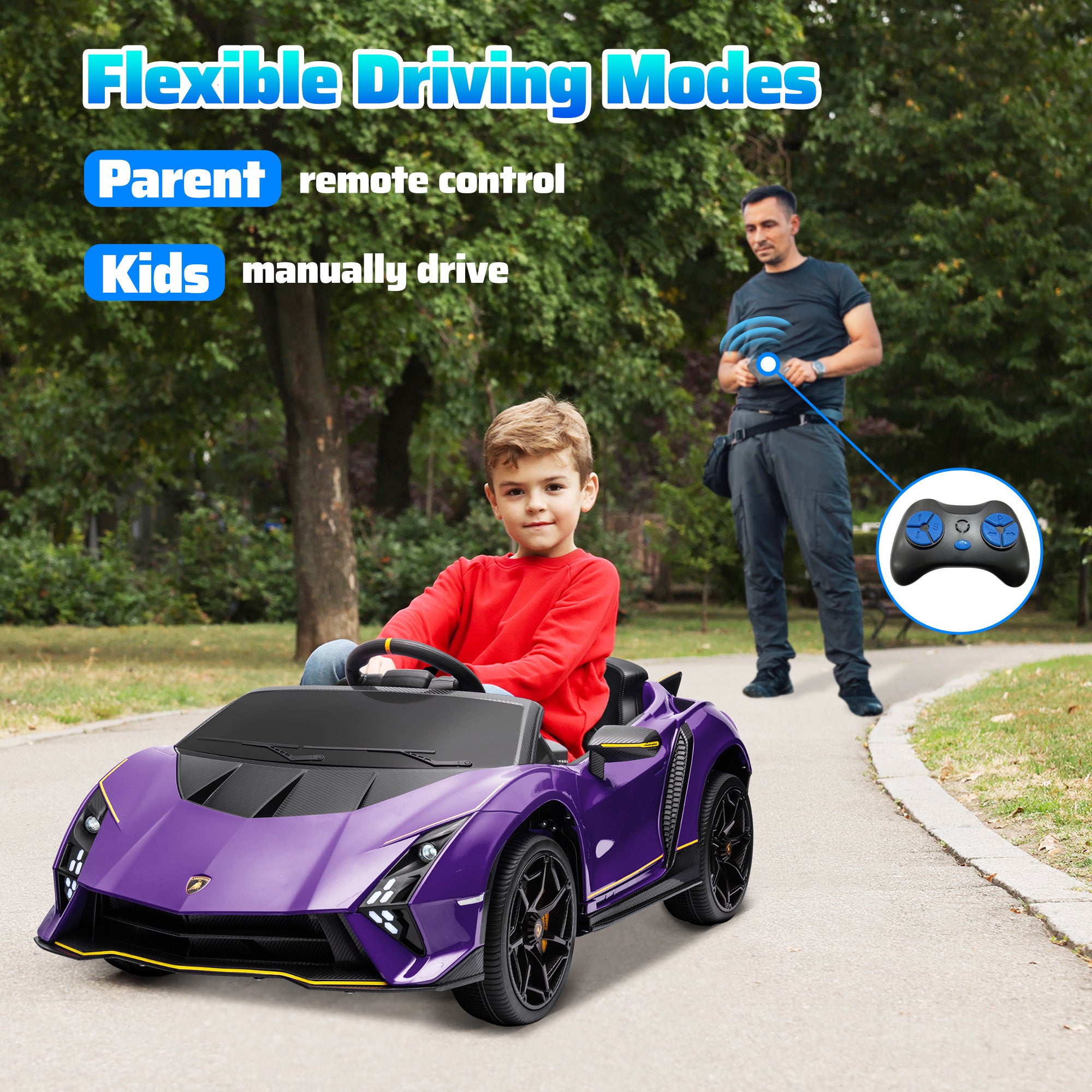 AIYAPLAY 12V Lamborghini Autentica Licensed Kids Electric Car with Remote Control, 4 Suspension Wheels, Soft Start, Purple - North Peak Garden Furniture