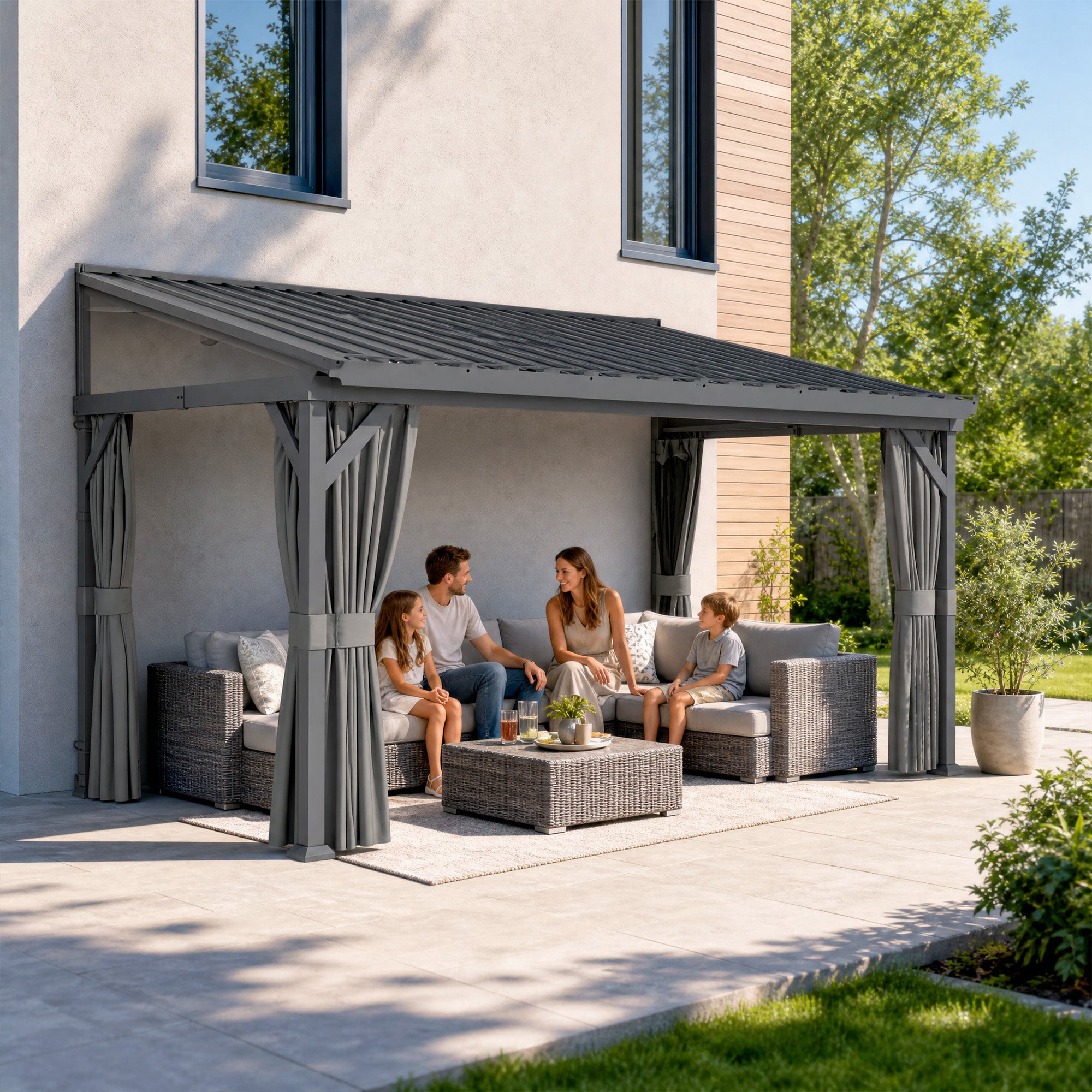 Outsunny 4.3 x 3 m Garden Pergola with Galvanised Steel Roof, Lean to Pergola Gazebo with Netting Curtains, Dark Grey