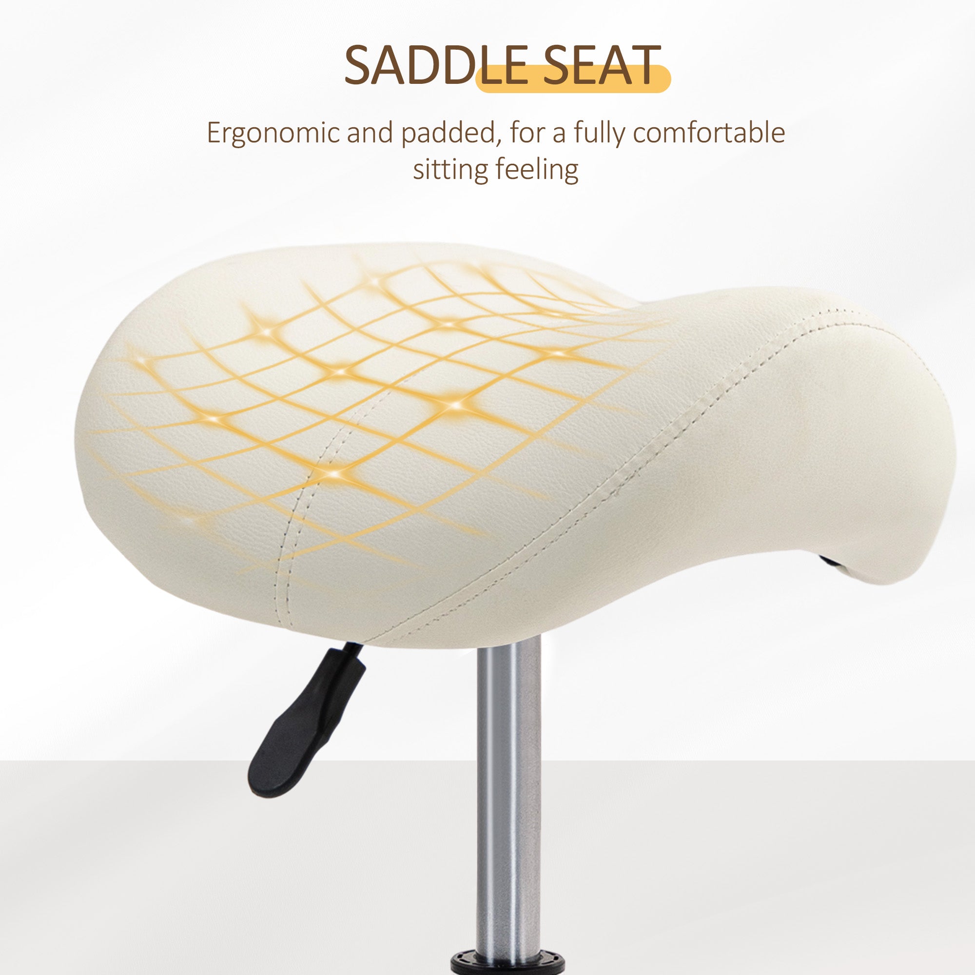 HOMCOM Saddle Stool, PU Leather Adjustable Rolling Salon Chair with Steel Frame for Massage, Spa, Beauty and Tattoo, White - North Peak Garden Furniture