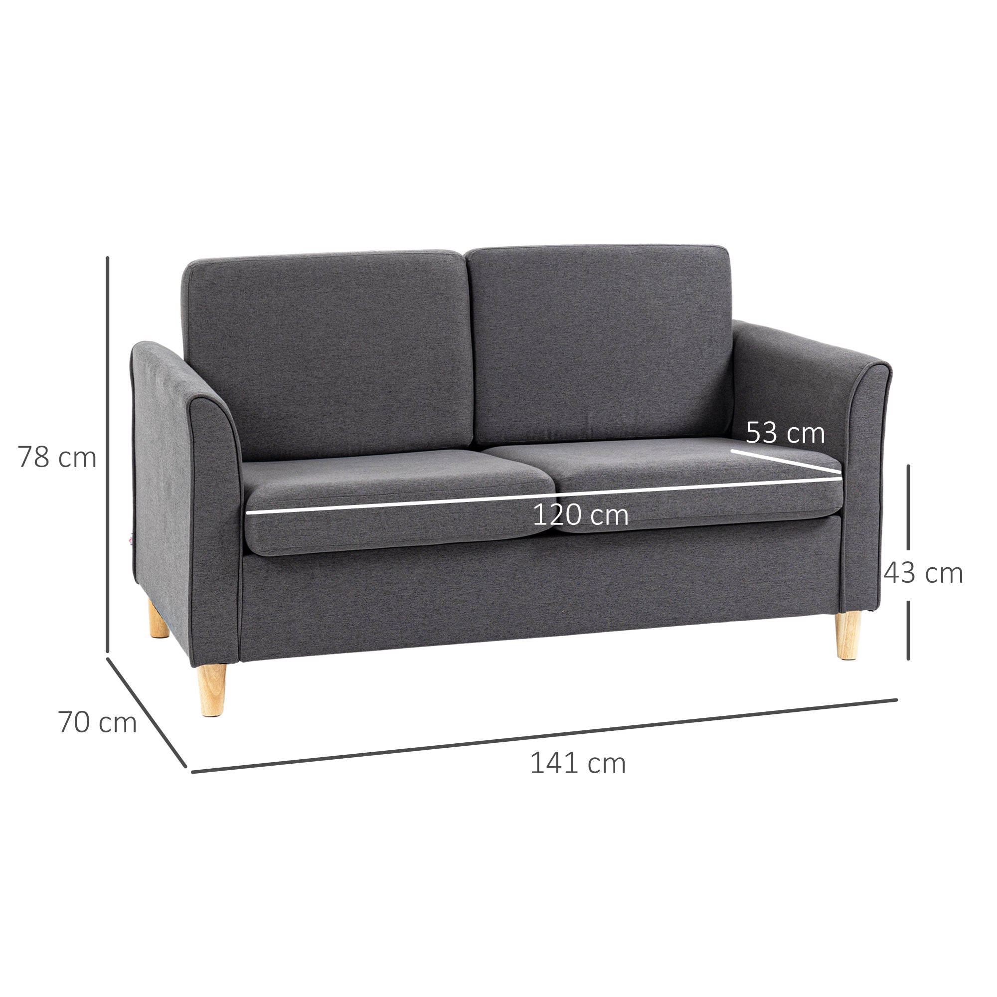 HOMCOM Compact Loveseat Sofa, Modern 2 Seater Sofa for Living Room with Wood Legs and Armrests, Dark Grey - North Peak Garden Furniture