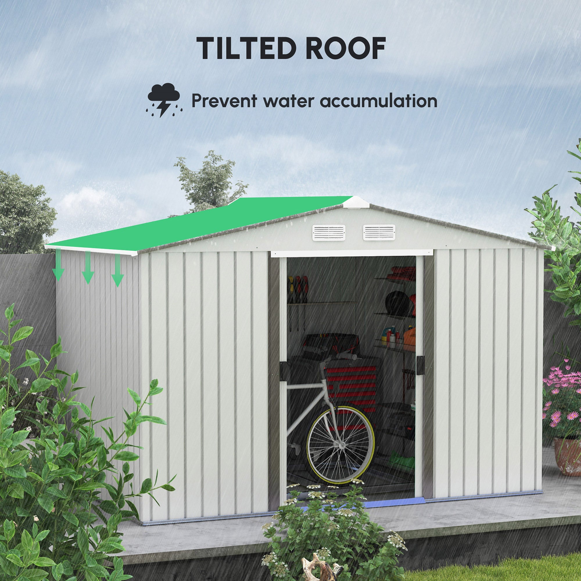 Outsunny Garden Storage Shed, Metal Outdoor Storage Shed House with Foundation Kit, Ventilation, Doors, 9 x 6FT, Silver - North Peak Garden Furniture