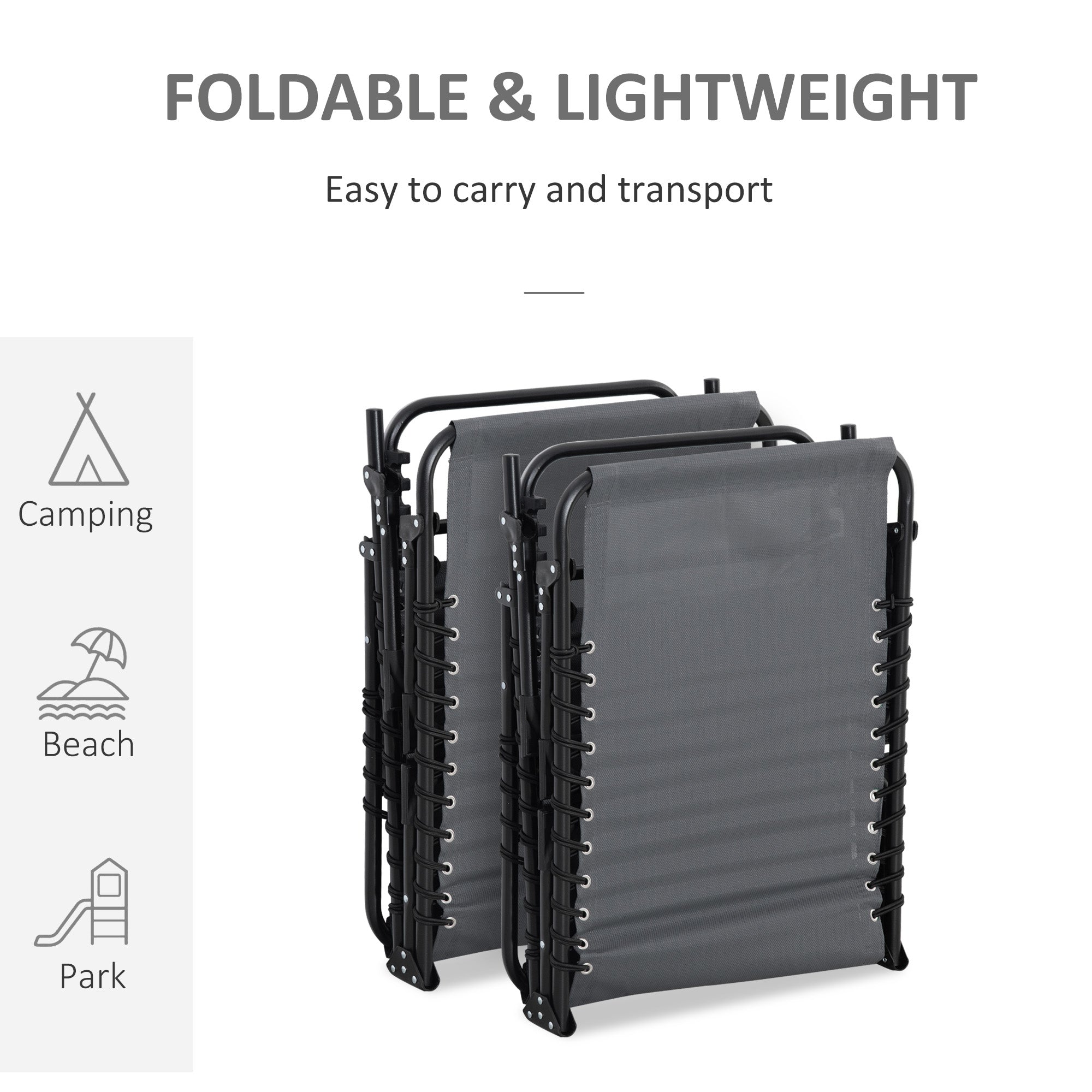 Outsunny Portable Sun Lounger Set of 2, Folding Camping Bed Cot, Reclining Lounge Chair 5-position Adjustable Backrest with Side Pocket, Pillow for Patio Garden Beach Pool, Grey - North Peak Garden Furniture