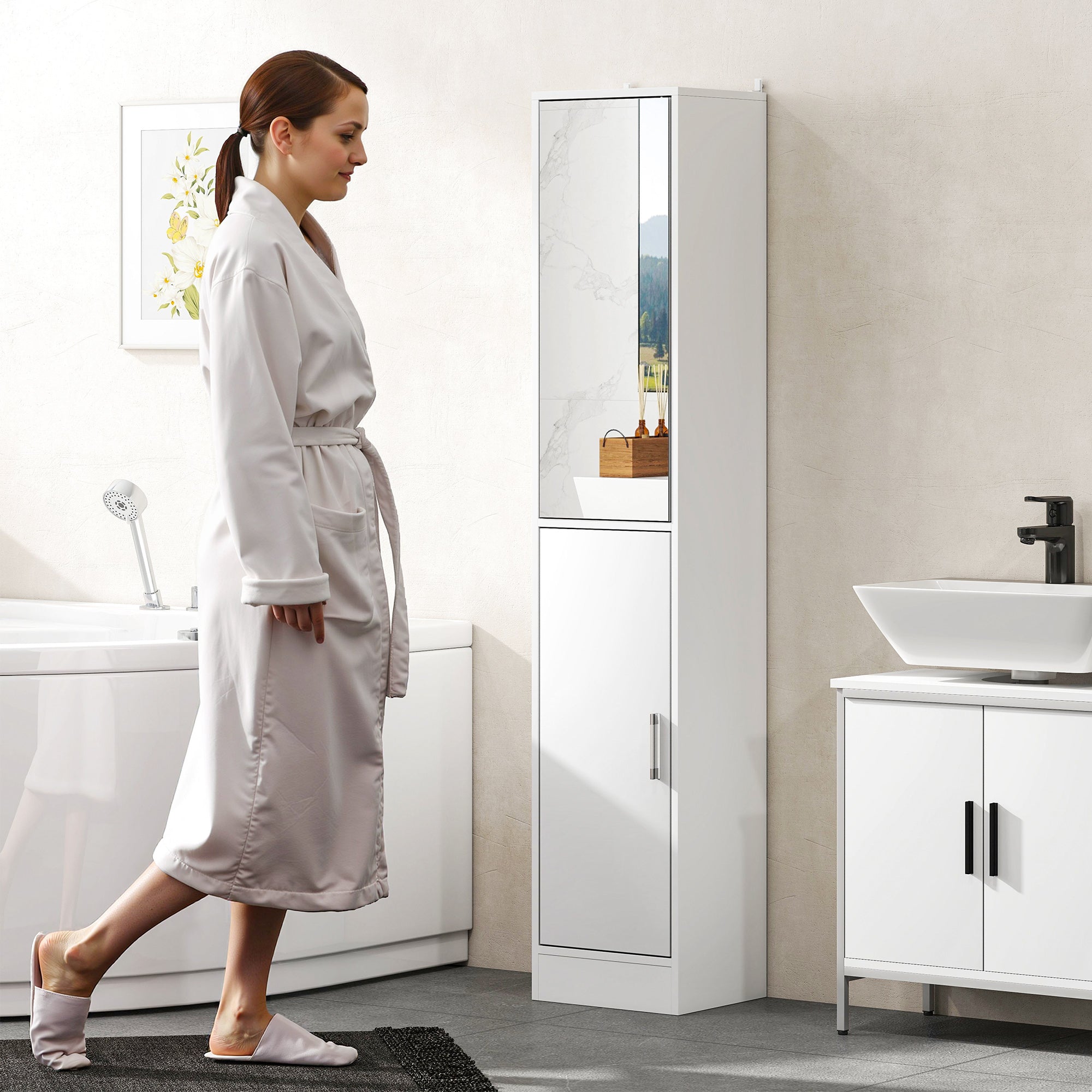 kleankin Tall Mirrored Bathroom Cabinet, Bathroom Storage Cupboard, Floor Standing Tallboy Unit with Adjustable Shelf, White